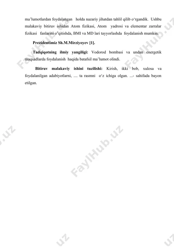 ti: mavzuga oid ilmiy manbalar va kerakli adabiyotlardan foydalangan holda vodorod atom tuzilishida markaziy simmetrik maydonning o‘rniga doir hozirgi kunda mavjud ma’lumotlardan foydalangan holda nazariy jihatdan tahlil qilib o‘rgandik. ushbu malakaviy bitiruv ishidan atom fizikasi, atom yadrosi va elementar zarralar fizikasi fanlarini o’qitishda, bmi va md lari tayyorlashda foydalanish mumkin. prezidentimiz sh.m.mirziyoyev [1]. tadqiqotning ilmiy yangiligi: vodorod bombasi va undan energetik maqsadlarda foydalanish haqida batafsil ma’lumot olindi. bitiruv malakaviy ishini tuzilishi: kirish, ikki bob, xulosa va foydalanilgan adabiyotlarni, .... ta rasmni o‘z ichiga olgan. ...- sahifada bayon etilgan. i. bob. vodorod atomi va uning tuzilishi 1.1. markaziy simmetrik maydonda vodorod atomi vodorod (hydrogenium), h—mendeleyev davriy sistemasining birinchi guruhiga mansub kimyoviy element; atom massasi 1,00797. odatdagi sharoitda rangsiz, hidsiz gaz boʻlib, taʼmi yoʻq. metallarga kislotalar taʼsir ettirilganida yonuvchi gaz ajralishi xvi va xvii asr kimyogarlarining asarlarida koʻp eslatib oʻtiladi. 1766 yilda ingliz kimyogari kavendish ajralayotgan gazni yigʻib tekshirib, "alangalanuvchi havo" deb …