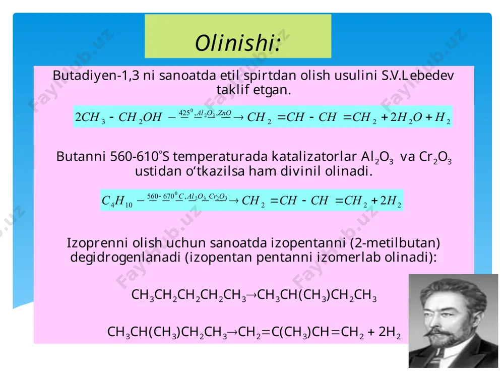 qolgan. tabiiy kauchukning kimyoviy tuzilishini asosan garries o`rgangan bo`lib, izopren molekulalaridan tashkil topganligi aniqlangan. buning uchun kauchuk ozonlash reaksiyasiga uchratilgan, so`ngra hosil bo`lgan modda parchalanganda izopren oksidlanishi natijasida hosil bo`ladigan levulin aldegid olingan sintetik kauchuklar. sintetik kauchuklarning kimyoviy tarkibi, tuzilishi, fizik-kimyoviy xossalari tabiiy kauchuknikidan tubdan farqlanishi mumkin. shuning uchun ham ba`zi sintetik kauchuklarning xossalari tabiiy kauchuknikidan afzaldir. masalan, kauchuk sintez qilinganda uni sovuqqa chidamli, gaz o`tkazmaydigan, benzin hamda yog` ta`siriga chidamli qilish mumkin. quyida ba`zi sintetik kauchuklar bilan qisqacha tanishib o`tiladi. natriybutadien kauchuk. birinchi marta akademik s.v. lebedev 1,3-butadienni polimerlanish reaksiyasiga uchratib sintetik kauchuk hosil qildi va u butadien sintetik kauchugi deb ataladi. keyingi yillarda butadiendan stereogulyar tuzilishga ega bo`lgan va sovuqqa chidamli, cho`ziluvchan, mustahkam, kam emiriluvchan xossalarga ega kauchuklar olindi. bunday kauchuk avtomashina pokrishkalari olishda ishlatiladi. undan tashqari kauchuk tarkibiga karboksil gruppalar kiritilib, uning metallga yopishqoqlik xususiyatlari birmuncha oshirildi. butadien-stirol kauchugi bunday kauchuklar butadien bilan stirolning sopolimerlanish hosil bo`ladi: …