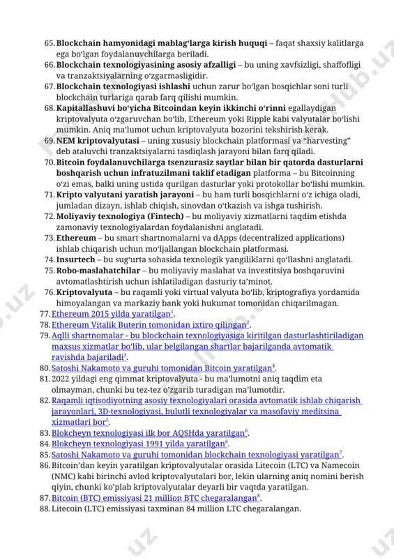 kspertizadan o’tkazish va hisobga olinishini ta’minlovchi elektron tizim6. 43. bosh vazirning virtual qabulxonasi - pm.gov.uz manzilida joylashgan bo’lib, jismoniy va yuridik shaxslarning murojaatlari va shikoyatlarini qabul qiladi7. 44. raqamli iqtisodiyotni rivojlantirishning asosiy poydevori haqida aniq ma’lumot topilmadi. 45. 4-sanoat inqilobining asosiy xususiyati axborot texnologiyalarini sanoatga chuqur integratsiyalashtirishdir8. 46. googlening asosiy daromad manbai reklama hisoblanadi. 47. facebook platformasida reklama berishning asosiy maqsadlari haqida aniq ma’lumot topilmadi. 48. freelanserlik uchun mo’ljallangan saytlarga upwork va freelancer kabi platformalar misol bo’la oladi. 49. kriptovalyuta - bu raqamli yoki virtual valyuta bo’lib, kriptografiya yordamida himoyalangan4. 50. kripto aktivlarining eng batafsil ta’rifi haqida aniq ma’lumot topilmadi. 51. sun’iy intellektdan foydalanuvchi yangi kriptovalyuta haqida aniq ma’lumot topilmadi. 52. e-krona raqamli valyuta loyihasi shvetsiya markaziy banki tomonidan ishlab chiqilgan. 53. raqamli yozuv - bu ma’lumotlarni raqamli formatda saqlash va uzatish usuli. 54. raqamli infratuzilma - bu raqamli texnologiyalar va tarmoqlar yordamida ma’lumotlarni saqlash, qayta ishlash va uzatish uchun …