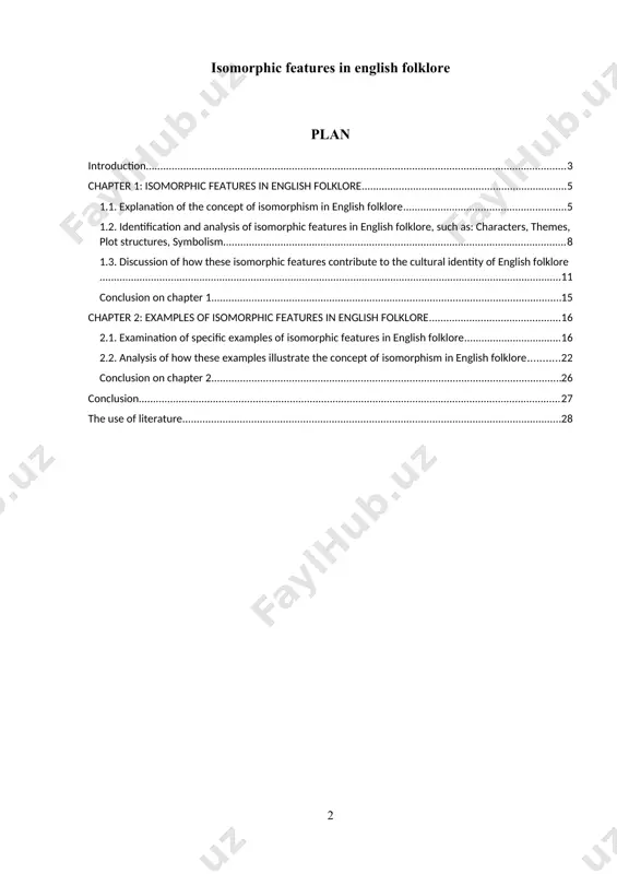 duates of the school, lyceumey, colleges and the university should know at least 2 foreign languages completely. this strict requirement should become the main criterion for the head of each educational institution, - said shavkat mirziyoyev. in addition, the cabinet of ministers of the republic of uzbekistan in 19.01.2022 signed decree no. 34 "on additional measures to improve foreign languages." in order to ensure the implementation of the above decrees and decrees, one of the important issues is the study of isomorphic properties in the oral folk art of foreign countries. to this end, in this course work, i chose the topic "isomorphic properties in english folklore”. folklore is an important part of a society's cultural identity, providing a glimpse into the beliefs, values, and traditions of a people. isomorphism, or the repetition of certain elements across different stories or traditions, is a concept that has been increasingly used to …