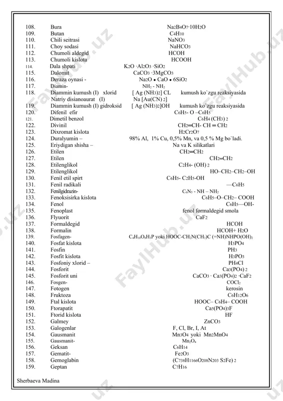 kcl∙mgso4∙3h2o 197. kaliy arsenit- k3aso3 198. kaliy digidroantimonat- k2h2sb2o7 -4h2o 199. kaliy dixromat k2cr2o7 200. kaliy ferrat- k2feo4 201. kaliy gidrosulfid- khs, 202. kaliy gidrotartrat- khc4h4o6 203. kaliy gipoxlorit kclo 204. kaliy korbanat k2co3 205. kaliy manganat k2mno4 206. kaliy metaborat- kbo2 207. kaliy nitrat kno3 208. kaliy ozonid- ko3; 209. kaliy pentasulfid k2s5 210. kaliy periodat- kjo4, 211. kaliy permanganat kmno4 212. kaliy rodanid- kcns 213. kaliy stannat- k2sno3-3h2o 214. kaliy super oksidi. ko2, yoki k2o4 215. kaliy xlorat kclo3 216. kaliy xlorid kcl 217. kaliyiy tetrogidroksoberillat k2[be (oh) 4] 218. kaliyli selitra kno3 219. kalsit caco3 220. kalsiy karbid cac2 221. kalsiy ammiakat- [ca(nh3)6], 222. kalsiy borid- cab6 223. kalsiy gipoxlorit- ca(clo)3 224. kalsiy karbid- cac2 225. kalsiy oksalat- ca(coo)2 226. kalsiy tiosulfat- cas2o3 227. kaolin al2o3∙2sio2 ∙2h2o 228. kapron (–nh–(ch2) 5–co–)n 229. karbamid co(nh2) 2 230. karbanat angidrid co2 231. karbanat kislota h2co3 232. karboksil guruppasi –cooh …