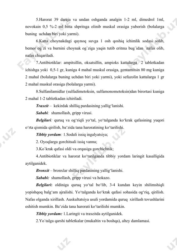 tirishishni oldini olish uchun magneziy sulfat 25 %-2-3 ml va novokain 0,5 %-1-2 ml qo`shib muskul orasiga yuboriladi. 3.antibiotiklardan – gentamitsin 80 mg kuniga 2 mahal, bolalarga yarmi. kloksatsillin (dikloksatsillin), oksatsillin, ampitsillin, ampioks - 0,5-1 gr dan kuniga 4 mahal (bolalarga yarmi), sefazolin -1,0 kuniga 2 mahal 5-7 kun (bolalarga yarmi) muskul orasiga. 4.sulfanilamidlar (sulfadimetoksin, sulfamonometoksin)dan birortasi kuniga 2 mahal 1-2 tabletkadan ichiriladi. 5.yo`talga libeksin, tusupreks, altey, bromgeksin, mukaltindan birortasi 1 tabletkadan kuniga 2-3 mahal ichiriladi. 6.ko‘krak qafasining oldidan o‘ng tomoniga, orqadan kuraklarning o‘rtasi va ostiga gorchichnik yoki banka qo‘yiladi. 7.kasallik og‘ir kechganda qon yoki qon zardobi (mos guruh) 100-200 ml, vena tomiriga tomchi usulida, haftada 1-2 marta, jami 2-4 marta. plevrit – o‘pkalar ustini qoplab turuvchi plevra pardasining yallig‘lanishi. sababi: gripp, pnevmoniya kasalliklarining asorati, revmatizm, sil kasalligida ham plevrit yuzaga kelishi mumkin. belgilari: plevrit quruq va eksudatli bo‘ladi.quruq plevritda ko‘krak qafasida sanchuvchi og‘riq. aksa urganda, qo‘lini ko‘tarib tushirganda, qimirlaganda …