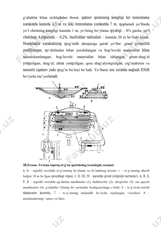 a, b, s, p, k – tegishli ravishda ag‘darma mashinalar (1), buldozerlar (2), skreperlar (3), suv quyish mashinalari (4), g‘altaklar (5)ning bir xaritadan boshqaxaritaga o‘tishi; 6 – to‘g‘richo‘michli ekskavator karerda; 7 – to‘g‘onning balandlik bo‘yicha rejalangan =avatlari; 8 – mashinalarning =atnov yo‘llari. transport vositalarini tanlashda grunt tashiladigan joyning uzoq-yaqinligini xisobga olish lozim. grunt tashishning iqtisodiy foydali uzoqligi: buldozerlar bilan – 100 m gacha; tirkamali skreperlar bilan – 250...800; o‘ziyurar skreperlar bilan – 800...3000; traktor telejkalarida – 500...800; ag‘darma mashinalar bilan – 800...3000 m va undan orti= (ag‘darma mashinalarning yuk ko‘tarish qobiliyati oshib borishiga qarab). ekskavatorlar karerda ag‘darma mashinalar yoki traktor telejkalari bilan birga ishlaydi. so‘nggi zikr etilgan transport vositalari ekskavator cho‘michining sig‘imi bilan ularning yuk ko‘tarish qobiliyati nisbatidan kelib chiqib tanlanadi. ish xajmiga qarab ekskavatorlarning turi va o‘lchamlari quyidagi jadvaldan tanlanadi. 10.1-jadval ish xajmiga qarab ekskavatorlarning turi va o‘lchamlarini tanlash gruntni qazishning bir oylik xajmi, ming m 3 cho‘mich sig‘imi, …