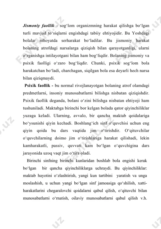 arur. birinchi bor maktabga kelgan bola hali o‘zini to‘liq anglashi va o‘z xatti-harakatlarini aniq bilishi qiyin. faqat o‘qituvchigina bolaga me’yorlar qo‘yishi, ularning xatti-harakatlarini baholashi, o‘z xatti-harakatlarini boshqalar bilan moslashtirishga sharoit yaratishi mumkin. boshlang‘ich sinfda o‘quvchilar o‘qituvchi tomonidan qo‘yiladigan yangi talablar va shartlarni qabul qiladilar, shuningdek ularning qoidalariga to‘la amal qilishga harakat qiladilar. o‘g‘il bolalar va qizlar rivojlanish tempidagi o‘zgarishlar saqlanib qoladi. qiz bolalar hamma tomondan rivojlanishda o‘g‘il bolalardan oldinga o‘tib oladilar. kichik maktab yoshidagi bolalarning asosiy faoliyati o‘qish hisoblanadi. bolaning maktabga borishi, uning psixologik rivojlanishi va xulq-atvoridagi o‘rni nihoyatda katta. bu davrda axlokiy xatti-harakat koidalari o‘zlashtiriladi, shaxsning ijtimoiy yo‘nalishi tarkib topa boshlaydi. kichik maktab yoshidagi o‘quvchilarning axlokiy onglari i va iv sinfdagi o‘qish mobaynida muhim o‘zgarishlarga uchraydi va axlokiy sifatlar, bilim va tasavvurlar sezilarli darajada boyiydi. bola o‘quv faoliyatida o‘qituvchi rahbarligida insoniy an’analar asosida harakat qilishga o‘rganadi, o‘z irodasini o‘quv maqsadlariga erishish uchun mashq qildiradi. o‘quv faoliyati boladan nutq, diqqat, …