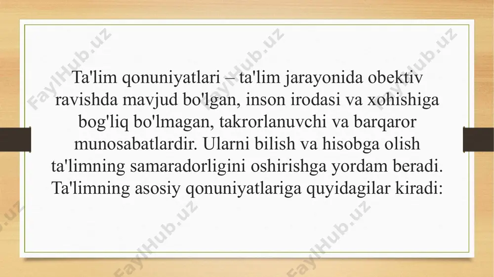 shga va mustahkamlashga yordam beradi. takrorlash turli xil usullar bilan amalga oshirilishi mumkin: takrorlash, mustahkamlash mashqlari, mustaqil ishlar va boshqalar. sharq xalqlari pedagogikasining buyuk allomasi yusuf xos hojib «qutadg‘u bilig» asari orqali ilm-fan, ma’rifatning ahamiyati, ta’rifi va tavsifida odamlarni tinmay ilm olishga, bilim o‘rganishga undaydi. bilimlar rivojida sharqning yana bir buyuk mutafakkiri al-xorazmiyning salmoqli hissasi bor, albatta. buyuk olim algebra, arifmetika, astronomiya, geografiya va musiqa sohalarida bir qancha asarlar yozgan. sharq-u g‘arb ma’naviy merosi asosida pedagogik jarayondan markaziy o‘rin olgan didaktika doimo rivojlanib bordi. didaktika rivojiga buyuk chex pedagogi yan amos komenskiy ham katta hissa qo‘shgan. uning «buyuk didaktika» asari o‘qitishni rivojlantirishga katta ta’sir ko‘rsatdi va muallimlarning doimiy foydalanadigan adabiyoti bo‘lib qoldi. uzluksiz ta’lim tizimi ta’lim-tarbiya jarayonining barcha bosqichlarini o‘zida qamrab oladi hamda har tomonlama yetuk, barkamol avlodni voyaga yetkazish uchun shart-sharoitlar yaratadi. shu sababli mamlakatimizda kadrlar tayyorlash milliy dasturi asosida uzluksiz ta’limni tashkil etish va rivojlantirishning asosiy tamoyillari (prinsiplari) …