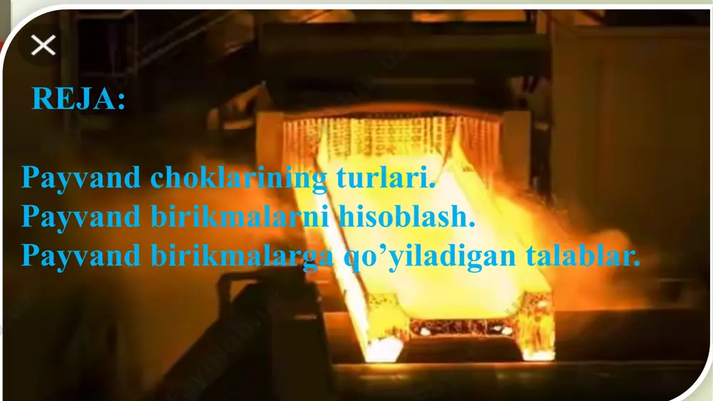 y amal qilinsa, payvand chokda hosil qilingan metallning mexanik hususiyati asosiy metallnikidan farq qilmasligi mumkin. payvand birikma kuchlanganlik holati hisobiy qarshilik tavsifi shartli belgisi payvand birikmaning hisobiy qarshiligi uchma-uch siqilish. mexanizatsiyalashgan yoki qo’lda bajarilib, chok sifati fizikaviy yo’l bilan nazorat qilingan payvand choklarning cho’zilishi va egilishi. oquvchanlik chegarasi bo’yicha rwu rwu=ru vaqtinchalik qarshiligi bo’yicha rwi rwi=ri mexanizatsiyalashgan yoki qo’lda bajarilgan payvand chokning siqilishi va egilishi oquvchanlik chegarasi bo’yicha rwu rwu=ru/1,18 siljish rws rws=rs burchakli chok qirqilish (shartli) chokdagi metall bo’yicha rwf rwf=rwun/2,2 erish chegarasidagi metall bo’yicha rwz rwz=run/2,2 7.2-rasm. uchma-uch payvand choklarni hisoblashga doir payvand birikmalarga kuyiladigan talablar. payvand birikmalar keng mikyosda ishlatilishi sababli qurilish konstruktsiyalarini tayyorlash va yig’ishda sifat ko’rsatkichiga jiddiy e’tibor berish kerak. payvand chokni sifatli qilib bajarish uchun uning ijro etish texnologiyasini puxta ishlab chiqish zarur. qayd etib o’tilganidek, payvand choklarning eng asosiy kamchiligi birikmada hosil bo’ladigan qoldiq zo’riqish bo’lib, bu xodisaning asosiy sababi payvand chokda metall …
