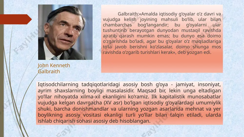 turadi, u bozor holatiga qarab undan yuqori yoki past bo’lishi mumkin. mehnat bozori va pul a.smitning ko’rsatib berishicha, mehnat bozorida talab va taklifning mosligi kuzatiladi, chunki taklifning talabga moslashuvi nafaqat tovarlar bozorida, balki mehnat bozorida ham amal qiladi. masalan, aholining o’sishi ishchi kuchiga bo’lgan talab bilan tartibga solinib turadi. quyi sinflarda an‘anaviy ravishda bolalarning tug’ilishi ko’p bo’ladi. ammo ishchi kuchiga talab ortmasa, albatta, ish haqi past bo’ladi va ularning ko’pi kambag’allikdan o’lib ketadi. shuning uchun, yuqori ish haqi iqtisodiy taraqqiyot – progressga yordam beradi, chunki u mehnat unumdorligini oshirish uchun rag’batlantiradi. uning asosiy fikri shuki, cheklangan maosh olayotgan ishchi hech qachon to’la kuch bilan ishlamaydi, chunki u bundan manfaatdor emas. lekin kam haq to’lash qanchalik ziyon keltirsa, ortiqcha ko’p maosh ham jamiyat uchun naf keltirmaydi. smit ish haqi tirikchilik uchun zarur minimum harajatlardan ancha ortiq bo’lishi, bolalar hayoti va tarbiyasiga oid xarajatlar ham hisobga olinishi kerak, ish haqi milliy boylik …