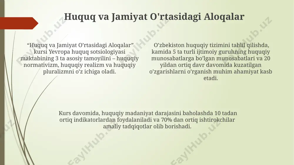 metod – empirik, normativ va tarkibiy tahlil metodlaridan foydalaniladi, ular huquqiy hodisalarni har tomonlama o'rganishga imkon beradi. evropa huquqshunoslik sotsiologiyasi maktabining kelib chiqishi европа ҳуқуқшунослик социологияси мактабининг пайдо бўлиши 20-асрнинг бошларидаги ижтимоий-сиёсий ўзгаришлар ва ҳуқуқий позитивизмга қарши реакция натижасида юзага келган. мактабнинг шаклланишига 1920-1930 йиллардаги классик социология назариялари, хусусан, м.вебер ва э.дюркгеймнинг ишлари катта таъсир кўрсатган. европа ҳуқуқшунослик социологияси мактабининг ривожланишида ўнлаб етакчи олимлар ва уларнинг илмий-тадқиқот ишлари муҳим роль ўйнаган. asosiy konseptual ramkalar huquqiy munosabatlarni tahlil qilishda kamida 5 ta muhim ijtimoiy omil – madaniyat, siyosat, iqtisodiyot, din va texnologiyalar hisobga olinadi. ijtimoiy qonunlarning rivojlanishini tushunish uchun 2 ta asosiy model – evolyutsion va funktsionalist nazariyalar qo‘llaniladi. европа қонуншунослиги социологияси мактабининг асосий концептуал доирасига 3 та асосий парадигма – функционализм, конфликт ва феноменологик ёндашувлар киради. e'tiboringiz uchun rahmat @taqdimot_robot
