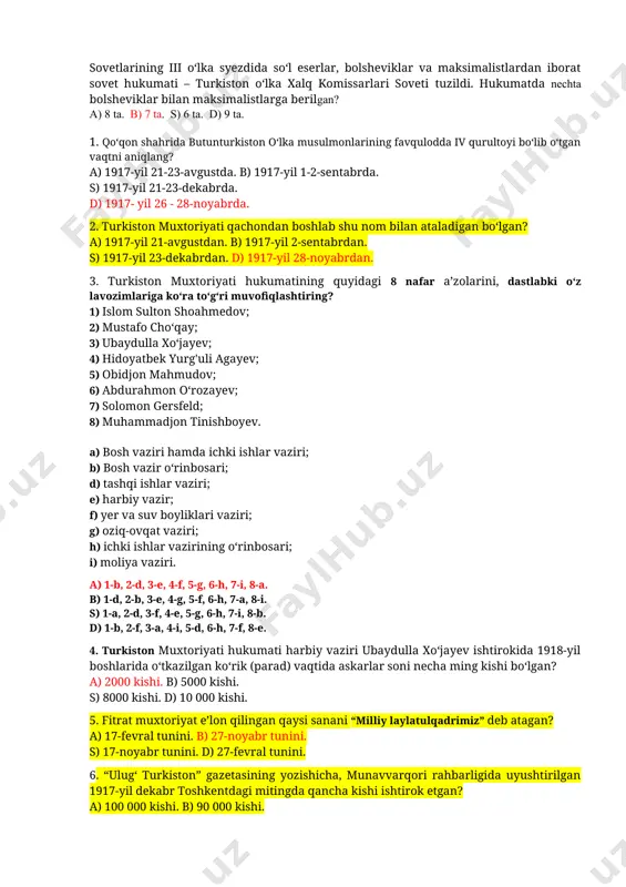 edi, bolsheviklarning omma o‘rtasida ta’siri ham oz bo‘lgan. bu yerdagi asosiy siyosiy kuchlarni aniqlang? a) eserlar va milliy partiyalar. b) kadetlar va milliy partiyalar. s) mensheviklar va milliy partiyalar. d) eserlar va kadetlar. 8. oktyabr to‘ntarishi haqidagi xabar toshkentga yetib kelgach, hokimiyatni qulga olmoqchi bo‘lgan bolsheviklar va so‘l eserlarga qarshi gubernatorlikning kim boshchiligidagi qismlari bunga qarshilik ko‘rsatganlar? a) f.kolesov. b) p.korovichenko. s) ye.perfilev. d) pyotr kobozev. 9. samarqand va skobelev shaharlarida sovet hokimiyati qachon o‘rnatilgan? a) 1917-yil oktabrda. b) 1917-yil noyabrda. s) 1917-yil dekabrda. d) 1917-yil fevralda. 10. toshkentda 1917-yil 15 – 22-noyabrda bo‘lgan turkiston ishchi va soldat deputatlari sovetlarining iii o‘lka syezdida qaysi siyosiy kuchlardan iborat sovet hukumati – turkiston o‘lka xalq komissarlari soveti tuzgan? a) so‘l eserlar, bolsheviklar va maksimalistlar. b) kadetlar, bolsheviklar va maksimalistlar. s) so‘l eserlar, bolsheviklar va kadetlar. d) eserlar, kadetlar va maksimalistlar. 11. 1917-yilda turkiston o‘lkasi xks raisi lavozimini egallagan bolshevik fyodor kolesovning kasbini …