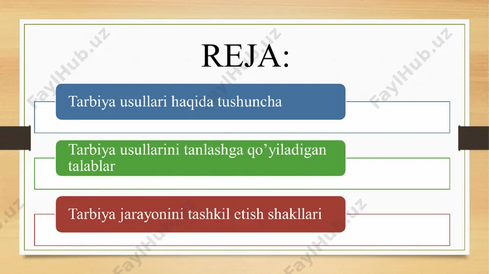 ajasi. o'zini-o'zi boshqarishning jamoa shaklining rivojlanishi bilan pedagogik ta'sir ko'rsatish usullari ham o'zgarmasdan qolmaydi. bizga ma'lumki, boshqaruvning moslashuvchanligi tarbiyachining tarbiyalanuvchilar bilan muvafiaqiyatli hamkorligining ramziy sharti. tarbiyalanuvchilaming individual o‘ziga xosliklari. insonparvar pedagog har bir shaxs o‘ziga xosligining rivojlanishiga, o'ziga xosligini saqlashga, o'zining "men“ ini ro'yobga chiqarishga imkon beradigan usullarni qo'llashga harakat qiladi. tarbiyaviy shart-sharoitlar. ma'lumki, mavhum shart-sharoitlar bo'lmaydi, ular hamisha aniq. ularning birlashuvi aniq holatlarda ko'rinadi. tarbiya amalga oshadigan sharoit pedagogik vaziyatlar deb ataladi. tarbiya vositalari. tarbiya usullari tarbiya jarayonining tarkibiy qismi sifatida yuzaga chiqadigan tarbiya vositalaridan tashkil topadi. usullar ular bilan mustahkam bog’- langan va birgalikda qo'llaniladigan boshqa tarbiya vositalari ham mavjud. masalan, usullarni samarali qo'llash uchun zaruriy yordam beruvchi ko'rgazmali qurollar. tasviriy san'at asarlari va musiqa san'ati, ommaviy axborot vositalari. pedagogik malakani egallaganlik darajasi. tarbiyachi odatda, faqat o'zi biladigan va qo'llay oladigan usullarni tanlab oladi. ko'plab usullar murakkab bo'lganligi bois, o'qituvchidan ko'p kuch ishlatishni talab etadi. tarbiya vaqti. qachonki. …