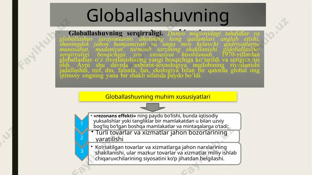 lanish, atrof muhitni saqlash va shu kabi masalalarda doim o‘z manfaatlarini himoya qiladi. jamiyat hayotining internatsionallashuvi va iqtisodiy aloqalarning o‘sib borayotgan integratsiyalashuvi sharoitida, sayyoramizning turli burchaklarida jahon hamjamiyatining yadro urushi, ekologik tanglik, demografik keskinlik va resurslar taqchilligini bartaraf etishdan iborat ob’ektiv manfaatlarini o‘zlarining umumiy manfaati deb biluvchi odamlar soni tobora ko‘payib bormoqda. inqiroz ildizlari 1994-yilda “ma’naviyat va ma’rifat” jamoatchilik markazi tashkil qilindi. 1996-yilda markaz faoliyatini takomillashtirish bo‘yicha hukumat qarori qabul qilindi va unga ko‘ra 1997 yildan barcha ta’lim muassasalarida “ma’naviyat asoslari” fanini o‘qitish joriy qilindi. 1999-yilda o‘zbekiston respublikasi vazirlar mahkamasi huzurida ma’naviyat va ma’rifat markazlari faoliyatini muvofiqlashtiruvchi ma’naviyat kengashi tashkil qilindi. global muammolarni echishda falsafaning roli. og’ir va murakkab vazifalarni yechishda insonga fan doim yordam bergan. bir paytlar erishib bo’lmaydigan, inson imkoniyatlari darajasidan tashqarida bo’lib tuyulgan narsalarning aksariyatiga aynan fan yordamida erishilgan. ayni shu sababli global muammolar xavf solayotgani haqidagi ilk ogohlantirishlarning o’ziyoq odamlarni fanga o’z e’tiborini qaratishga, olimlarni esa …