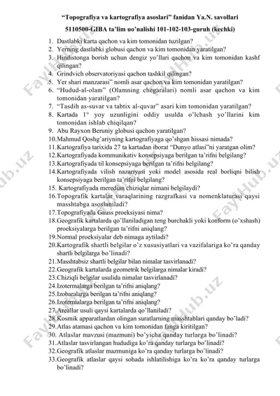 “topografiya va kartografiya asoslari” fanidan savollar — DOCX