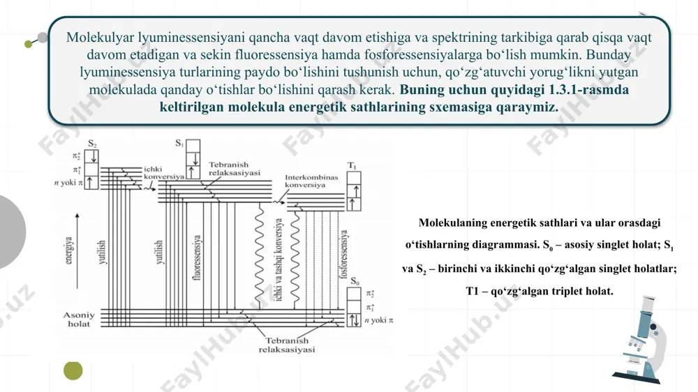 ‘rganish mumkin. avvalo, har bir kolbada olib borilgan titrlash natijalari asosida aniqlangan boshlang‘ich konsentratsiyalar (c₀) va suv qatlamida qolgan konsentratsiyalar (c₁) orasidagi farq hisoblab chiqiladi. bu farq sirka kislotasining efir qatlamiga o‘tgan qismini anglatadi (c₂ = c₀ - c₁). har bir kolba uchun bu qiymatlar alohida hisoblanadi, so‘ngra ularning o‘rtacha qiymati olinadi. bu jarayonda to‘g‘ri titrlash texnikasiga rioya qilish va fenolftalein indikatorining aniq rang o‘zgarishiga e’tibor qaratish muhim ahamiyatga ega, chunki bu titrlash natijasining aniqligini ta’minlaydi 1.1 lyuminessensiya ta’rifi va metod mohiyati - ushbu bo‘limda lyuminessensiya tushunchasi va uning analitik kimyodagi ahamiyati yoritildi. lyuminessensiya – bu moddaning tashqi energiya (odatda ultrabinafsha yoki kimyoviy) ta’sirida yorug‘lik chiqishi hodisasi bo‘lib, u sezuvchanlik va aniqliktalab qilinadigan tahlil usullarida keng qo‘llaniladi. bo‘limdan kelib chiqadigan xulosa shuki, lyuminessensiya analiz metodi mikrokomponentlarni aniqlashda yuqori imkoniyatlarga ega. 1.2 molekulyar lyuminessensiyaning asosiy xarakteristikasi: bu qismda lyuminessensiya jarayonlarining asosiy fizikaviy parametrlariga e’tibor qaratildi, jumladan, lyuminoforning kvant chiqishi, intensivlik, kvant …