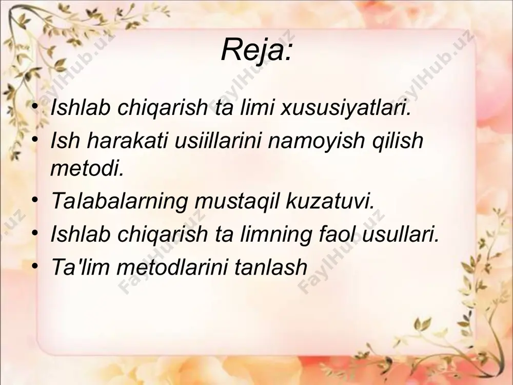 yani qo'llash bilan ishlay olish maxorati; ish faoliyatida kasbiy bilimni qo'llash maxorati; ish o'rni va mexnatni to'g'ri tashkil qilish, mexnat xavfsizligi qoidalariga rioya qilish; mexnatga bo'lgan munosabat - mexnatni tashkil etishni va usullarni takomillashtirish, ish jarayoniga yangi asl nusxadagi mexnat qurolini joriy qilishga intilish va etakchilik qobiliyati, ilmiy echimlar va ixtirolarni topishga bo'lgan intilish va qobiliyat; mehnat faoliyatining iqtisodiy jixatdan maqsadga muvofiqligi - bajariladigan mehnat jarayonini iqtisodiy tahlil qilish, ishni bajarish jarayonida iqtisodiy jihatdan maqbul qarorlarni qabul qilish qobiliyati. bugungi kunda bosqichlarni murakkabroq qilishga harakat qilinmoqda. ya'ni shunday mashqlar kiritilishi mumkinki, ular doirasida talaba bir vaqtning o'zida bir nechta ko'nikmalar va jarayonlarni amalda bajarishi kerak. «tushuntirish» va «namoyish etish» pog'onalari esa, bosqichma-bosqich amalga oshiriladi. ishlab chiqarish ta'limning faol usullari o'quv ishlab chiqarish ishlarini bajarishda faollik ya'ni fikriy, ongli ravishdagi, ijodiy faollik muxim axamiyatga ega. u talabalarda o'z xarakatlarini ko'rsatilgan namuna bilan mos ravishda ongli ravishda tuzatishlarida, ijobiy natijalarga olib keluvchi …