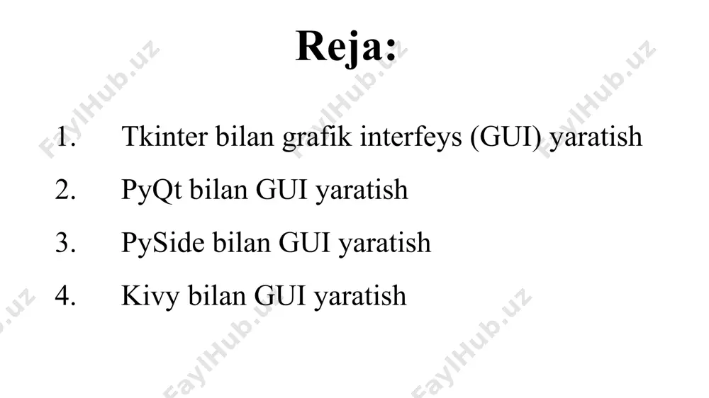 utton.pack() root.mainloop() to‘g‘ri javobni tekshiruvchi dastur import tkinter as tk from tkinter import messagebox def tekshir(): if entry.get().lower() == "python": messagebox.showinfo("natija", "to'g'ri javob!") else: messagebox.showerror("xato", "noto'g'ri javob!") root = tk.tk() root.title("test dasturi") label = tk.label(root, text="dunyoning eng mashhur dasturlash tili?") label.pack() entry = tk.entry(root) entry.pack() button = tk.button(root, text="tekshirish", command=tekshir) button.pack() root.mainloop() pyqt – bu python uchun qt framework asosida yaratilgan grafik interfeys (gui) kutubxonasi. u c++ asosidagi qt kutubxonasini python bilan bog‘lab, juda kuchli va zamonaviy gui yaratish imkonini beradi. pyqt ning asosiy xususiyatlari: boy vidjetlar to‘plami – tugmalar, matn maydonlari, ro‘yxatlar, menyular va boshqa ko‘plab elementlar. soddalik va moslashuvchanlik – tkinter ga qaraganda ko‘proq imkoniyat beradi. plaginlar va integratsiya – webengine, opengl, multimedia qo‘llab-quvvatlashi mavjud. platformalararo ishlaydi – windows, macos, linux va hatto mobil qurilmalarda. pyqt o‘rnatish pip install pyqt6 yoki eski versiyalar kerak bo‘lsa: pip install pyqt5 pyqt versiyalari: pyqt6 – oxirgi versiya (2020-yildan beri). pyqt5 – …