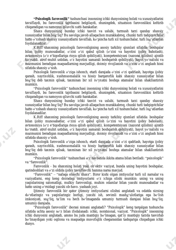 monidan nogironlik tashxisi qo‗yilgan shaxslarda subyektiv farovonlik nazariyasi masalalari ilmiy tadqiq etilgan. nogironlik holatida shaxsiy rivojlanish masalalarini esa e.v.ilenkov, a.n.leontev, a.i.mesheryakov, i.a.sokolyanskiy, a.v.suvorov va boshqalar ilmiy izlanishlar olib borganlar. antik falsafada aristotel, seneka, epikur, geraklit, platon, suqrot kabi faylasuflar asarlarida insonning xotirjamligi va shukrona qila olishi uning baxtli ekanligidan, farovonlik hissini boshidan kechirishidan dalolat berishi ta‘kidlangan. aristotel baxtni ichki tuyg‗u sifatida e‘tirof etgan. platon va suqrot ta‘limotlarida insonning moddiy olam bilan aloqalari va ularning ruh haqidagi ta‘limotlarida shaxsning rivojlanishga qaratilgan g‗oyalar ilgari surilgan. insonlar hayoti davomida faoliyatdan zavq olishlari va ularning yo‗llarini izlashlari tushuntirilgan. islom falsafasida jumladan, qur‘oni karim va hadisi sharifda baxt umumbashariy yaxshilik shaklida namoyon bo‗ladi, deyilgan. baxtga erishish insoniyatning ilm-fan, ma‘rifat va tarbiyasi orqali amalga oshiriladigan yakuniy maqsadini tashkil etadi, deb ta‘riflangan. insonning shukronalik hissini boshdan kechirishi, ilohiy tuyg‗ular orqali allohga yaqinlashish ulardagi ichki xotirjamlikni keltirib chiqarishi ta‘kidlangan. islom talimotiga tegishli asarlar sharhiga nazar tashlansa, islom dinida …