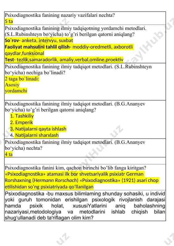 ritatsiyalash qaysi testlar misol bo’ladi? u yoki bu voqea hodisalarni tavsiflash, interpritatsiya qilish tat proektiv metodikalar turalari nechta? 4 ta pifagor o’z maktabiga kelganlarni qabul qilishda ularga dastlab qanday shart qo’ygan? pifagor o’z maktabiga kelganlarni qabul qilishda ularga dastlab qiyin matematik masala bergan masalani echgan odam darhol o’qishga qabul qilingan, masalani echa olmagan odamni esa maxsus zalga olib kirishgan. bu erda esa sinov qoidasiga binoan bir guruh odamlar uning ustidan kulishni boshlaganlar, agar sinaluvchi o’zini munosib tutib luqma tashlovchilarga o’rinli javob bera olsa u ham maktabga qabul qilingan. p.ivanov 1927-yil qaysi viloyatda o‘zbek pedagogika institutida (pedakademiya) eksperimental psixologiya laboratoriyasini tashkil qilgan. samarqandda o’zbekistonda daslabki pedagogik va psixologik fikrlar markazi qachon tashkil qilingan? 1918-yili toshkent va keyinchalik chimkent shahrida tashkil qilingan. nechinchi yilda qori niyoziy nomidagi pedagogika fanlari ilmiy tadqiqot institutida pedagogik-psixologiya kabineti va psixologik laboratoriya kabineti tashkil etilgan. 1930-yillarda nechinchi asrda frenologiya psixologik diagnostika metodi sifatida qo’llanilgan? xx asrda nechanchi …
