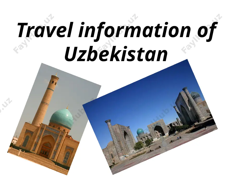 whole city. today khiva is a museum-city. there are no tall buildings and wide streets here. it is very hard to enumerate all the historic sites in khiva. there are palaces decorated with colourful mosaics, the adobe houses, and many medressehs, minarets and mosques in khiva, such as the tall and beautiful islam-hoja minaret. khiva has always been famous for its wood-carving. doors and columns of palaces are covered by very beautiful patterns. the museum devoted to this monument can become one of the most attractive objects of tourism of the world historical and cultural significance an open-air museum, ancient khiva is waiting for you! words world heritage list – jahon merosi ro'yxati registan – registon unesco – yunesko worshippers – ibodat qiluvchilar vihara – vihara monastery – monastir town museum – shahar muzeyi mausoleum - maqbara image1.png image2.jpeg image3.jpeg image4.jpeg image5.jpeg image6.jpeg image7.jpeg image8.jpeg image9.jpeg image10.jpeg image11.jpeg image12.jpeg image13.jpeg …
