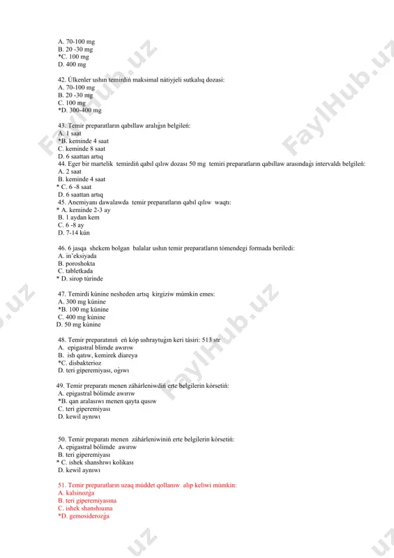 atlari menen awır záhárleniwdiń belgilerin anıqlań : *a. nápes qısılıwı, jótel, anafilaktik shok b. belde awırıw, bulshıq etlerde lixoradka, jasaǵıw c. hálsizlik, bet júzine qan keliwi sezimi d. taxikardiya, bradikardiya 56. erte baslanatuǵın temir preparatınan keri tásiri qashan payda boladı :515 str a. 1 kúnnen keyin b. 1-24 saattan keyin *c. 10 -30 minutta d. 60 minuttan keyin 57. temirdiń kesh baslanatuǵın keri tásiri qashan payda boladı :515 str a 1 kúnnen keyin *b. 1-24 saattan keyin c. 10 -30 minutta d. 60 minuttan keyin 58. temir preparatlari menen kesh keri tásiriniń kórinisi : 515 str a. taxikardiya, awırıw b. oǵıwı, diareya c. teri giperemiyasi, qabziyat * d. taspa, artalgiya, gemoliz 59. temir preparatlarini qollanıwda awızda metall támiyiniń payda bolıwı ne menen baylanıslı:515 str a. awızdıń silekey qabatında toplanıwı *b. tupirik menen temir shıǵarılıwı c. asqazan bezleri menen temirdiń shıǵıwı d. limfa túyinleri menen ajıralıwı 60. temirden záhárlengende erte payda …