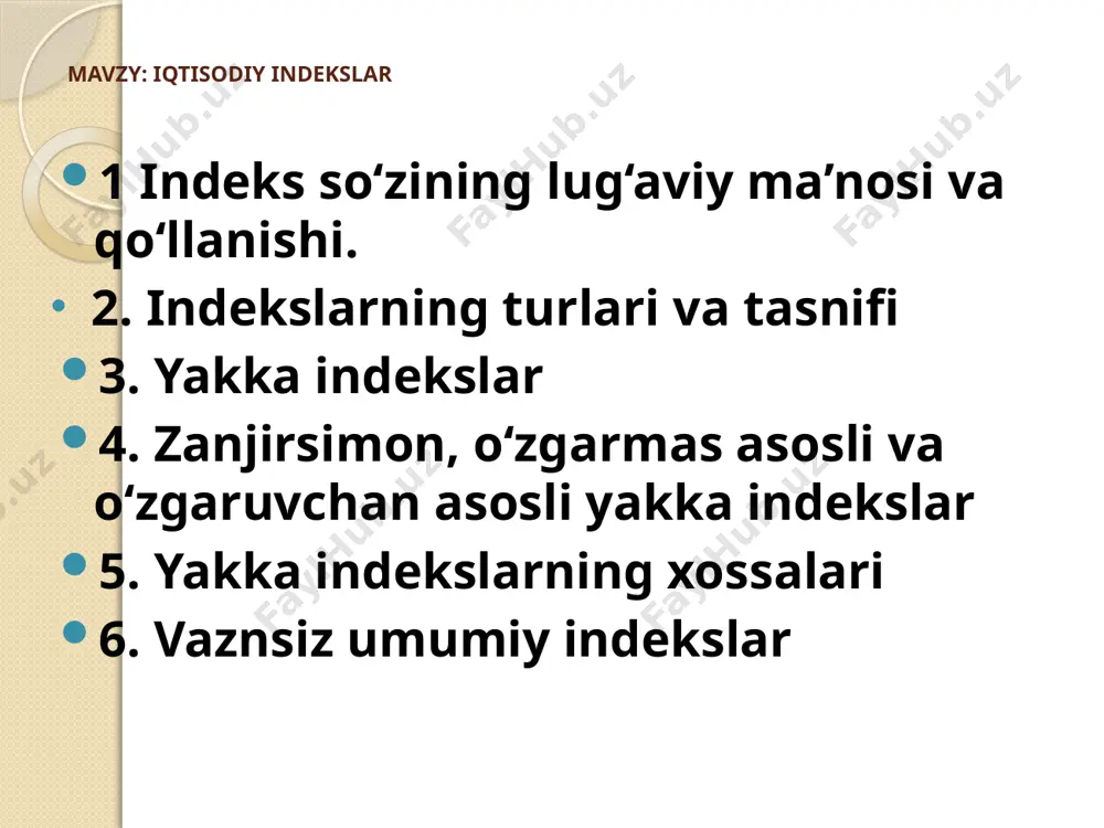 o‘rtacha, garmonik o‘rtacha va geometrik o‘rtacha indekslarga, ular esa, o‘z navbatida, vaznli va vaznsiz indekslarga, vaznli indekslar esa bazis vaznli, joriy vaznli, to‘plama yoki o‘rtacha vaznli indekslarga bo‘linadi. bu indekslar nafaqat hisoblash tartibi bilan, balki shu bilan birga mohiyati va qo‘llanish shart - sharoiti jihatidan bir-biridan farq qiladi. yakka indekslar zanjirsimon, o‘zgarmas asosli va o‘zgaruvchan asosli yakka indekslar bu yerda qi, pi ayrim solishtirilayotgan davrlarga tegishli ko‘rsatkichlar. qi-1, pi-1 solishtirilayotgan davrdan oldingi davr ko‘rsatkichlari. image2.png image3.png image4.png /docprops/thumbnail.jpeg