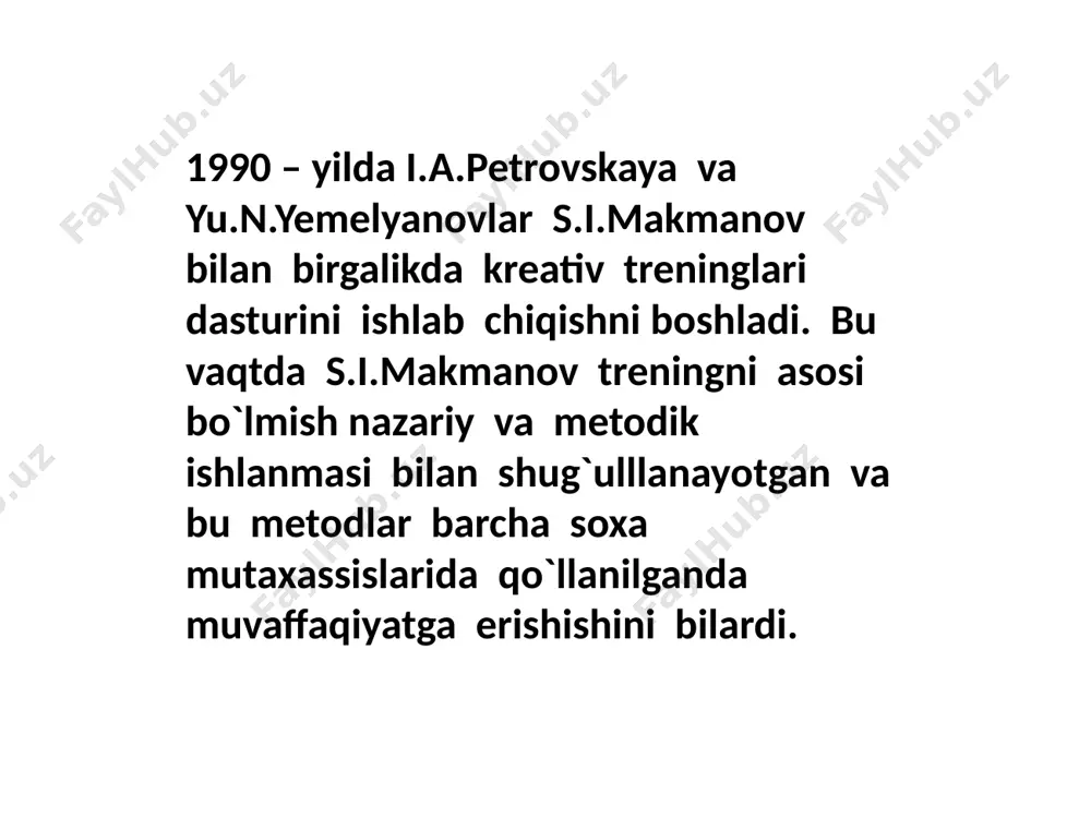 onini beradi. xulq – atvor obyektivligining universal vositasi sifatida aks aloqa hisoblanadi. guruhdagi aks aloqani yuzaga kelishini ta`minlash trenerning mas`uliyatidir. sheriklik muloqoti tamoyili sheriklik yoki subyekt – subyektlik muloqoti boshqalar manfaati, ular hissiyotlari, his tuyg`ulari, qayg`ulari, boshqa insonning qadr qimmati deb tan olinadi. ushbu ning qo`llanilishi guruhda ishonch, ochiqlik iqlimini yaratadi. ta`lim jarayonida trening psixogimnastikasi va qonunlari mashqlarning tanlanishi. yo`riqnoma. treningning samaradorligi doimo tushunarli qilib yetkazishga bog`liq bo`ladi. yo`riqnomani tushuntirish mobaynida trener navbatma – navbat har bir ishtirokchiga qarshi va vizual kontakt o`rnatishi lozim. 3. to`xtatish va muhokama. muhokamada mashq nimaga yo`naltirilganiga qarab, savollar beriladi va trener tomonidan yakunlanadi. mashq davomida trener o`zi kuzatgan holatni ishtirokchilar duch kelgan qiyinchiliklar yoki ular erishgan yutuqlar haqida ham so`zlab berishi mukin. muhokama vaqtida ulardan samarali foydalanishi lozim.