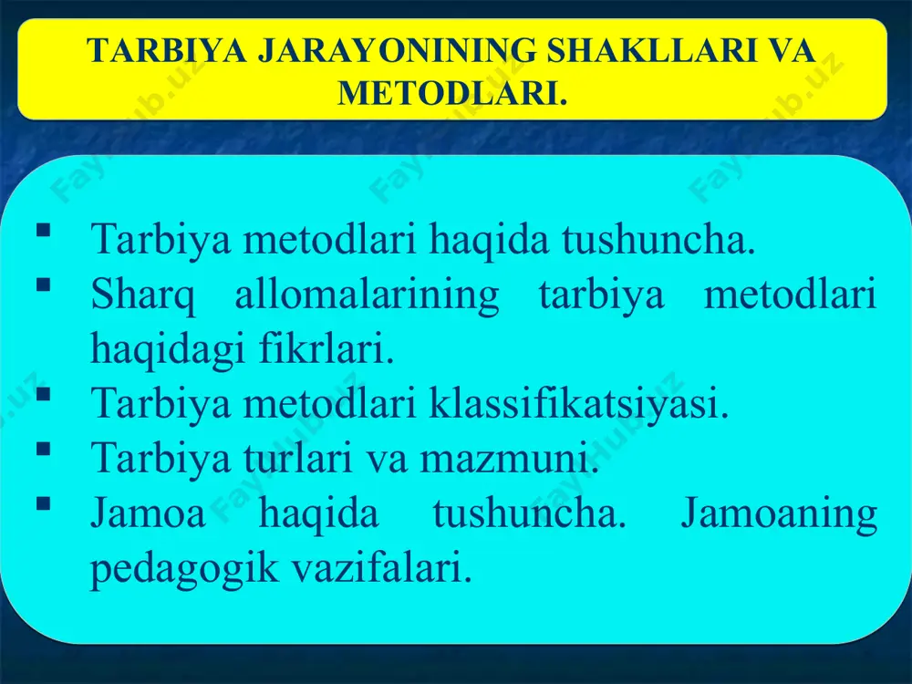 n bogliqlikda ba’zan tarbiya metodlari qo‘yilgan maqsadni muvaffaqqiyatli amalga oshirish uchun foydalaniladigan usul va vositalar tizimi sifatida aniqlanadi. xuddi shuningdek metodning tuzilishida usullar va vosita albatta mavjud bo‘ladi. sharq allomalarining tarbiya metodlari haqida fikrlari farobiy ta’lim – tarbiyada yoshlarni mukammal inson qilib tarbiyalashda xususan, aqliy-axloqiy tarbiyalarga aloxida e’tibor bergan, uning e’tiqodicha, bilim, ma’rifat, albatta yaxshi axloq bilan bezatmog‘i lozim, aks holda kutilgan maqsadga erishilmaydi, bola yetuk bo‘lib yetishmaydi. ibn sino bola tarbiyasi va tarbiya usullari haqida qimmatli fikrlari bolaning axloqiy tarbiyasi haqida fikrlari uy-ro‘zg‘or tutish masalalari xususida ham so‘z yuritadi. bolani tarbiyalash oila ota-onaning asosiy maqsadi va vazifasidir. o‘z kamchiliklarini tuzatishga qodir bo‘lgan ota-ona tarbiyachi bo‘lishi mumkin. axloqiy tarbiyada eng muxim vositalar bolaning nafsoniyatiga, g‘ururiga tegmagan holda, yakkama-yakka suxbatga bo‘lish unga nasixat qilishdir. yusuf xos xojibning uqtirishicha har bir kishi jamiyatga munosib bo‘lib kamol topmog‘i kerak. buning uchun u tug‘ilgan kundan boshlab zarur tarbiyani olmog‘i lozim. farzandlar tarbiyasi nihoyatda erta …