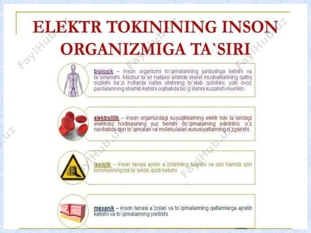 iqlovchi rang bo`lib, agar u biror – bir avtomatlashtirilgan vositaga o`rnatilgan bo`lsa, qizil lampa yonishi odam aralashishi kerak bulgan holat paydo bo`lganini ko`rsatadi, yoki bo`lmasa bajarilayotgan jarayon to`xtab qolganidan dalolat beradi. - sariq rang – ogohlantiruvchi hisoblanadi. bunda, mashina va qurilmalarning avtomat rejimiga o`tishini yoki ba`zi bir chegara nuqtaga yaqinlashib qolganini ko`rsatuvchi, qurilishda esa xavfli mintaqalarni to`suvchi vositalarda va zararli moddalar solingan idishlarni belgilashda qo`llaniladi. - yashil rang – xabar beruvchi hisoblanadi. uni ruxsat etiladigan, masalan, mashina jihozlarning ishga tayyorligini bildiradigan, xavfli vaziyatlardan chiqish yo`llarini belgilovchi lampalar sifatida qo`llash mumkin. - ko`k rang – ko`rsatma, yong’in xavfsizligi belgilari, axborot. erga va nolga ulab muhofazalanish, muhofazalovchi o`chirish qurilmalari. har qanday elektr qurilmasi, agar uning metall qobiqlarida elektr kuchlanishi hosil bo`lish xavfi bo`lsa, qaysi joyda va qanday binoda ishlatilishidan qat`iy nazar, uning korpusini erga ulab qo`yiladi va bu elektr qurilmalarini erga ulab muhofaza qilish deb ataladi. erga ulab muhofaza qilishning asosiy mohiyati …