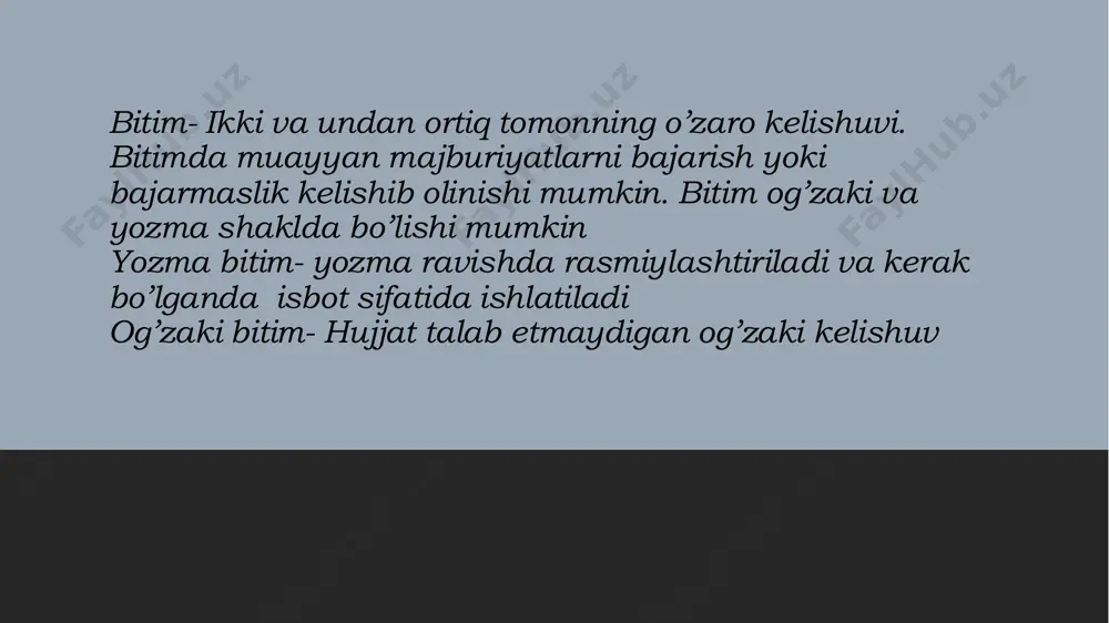 gan mulki, qilgan xizmati evaziga pul yoki mulk bilan haq oladi. masalan, bir taraf vaqtinchalik foydalanish uchun mulkni ijaraga oluvchi undan foydalangani uchun ijara haqi to`lashga majbur bo`ladi. bunday haq baravariga tuziladigan shartnomalarga oldi-sotdi, mahsulot yetkazib berish, ayirboshlash, pudrat va boshqa ko`plab shartnomalarni misol qilib ko`rsatish mumkin. agar qonun hujjatlaridan boshqacha qoida kelib chiqmasa, shartnomaning mazmunimohiyatidan o`zgacha hol anglashilmasa, shartnoma haq evaziga tuzilgan shartnoma deb hisoblanadi. tekinga tuziladigan shartnomada esa bir taraf boshqa bir taraf foydasiga haq olmay, biron-bir mulkni topshirish, biron ishni bajarishi mumkin. masalan, hadya shartnomasi bo`yicha mulk egasi o`z mulkini boshqa bir shaxsga tekinga beradi. tekin foydalanish, foizsiz qarz shartnomalari ham bepul tuziladigan shartnomalarga kiradi. 26.02.2025 fuqarolik kodeksida bitim va shartnomalar 102-modda. bitim turlari bitimlar bir taraflama, ikki taraflama yoki ko‘p taraflama (shartnomalar) bo‘lishi mumkin. bitim tuzish uchun qonunchilikka yoki taraflarning kelishuviga muvofiq bir tarafning xohishi zarur va yetarli bo‘lsa, bunday bitim bir taraflama bitim hisoblanadi. shartnoma …