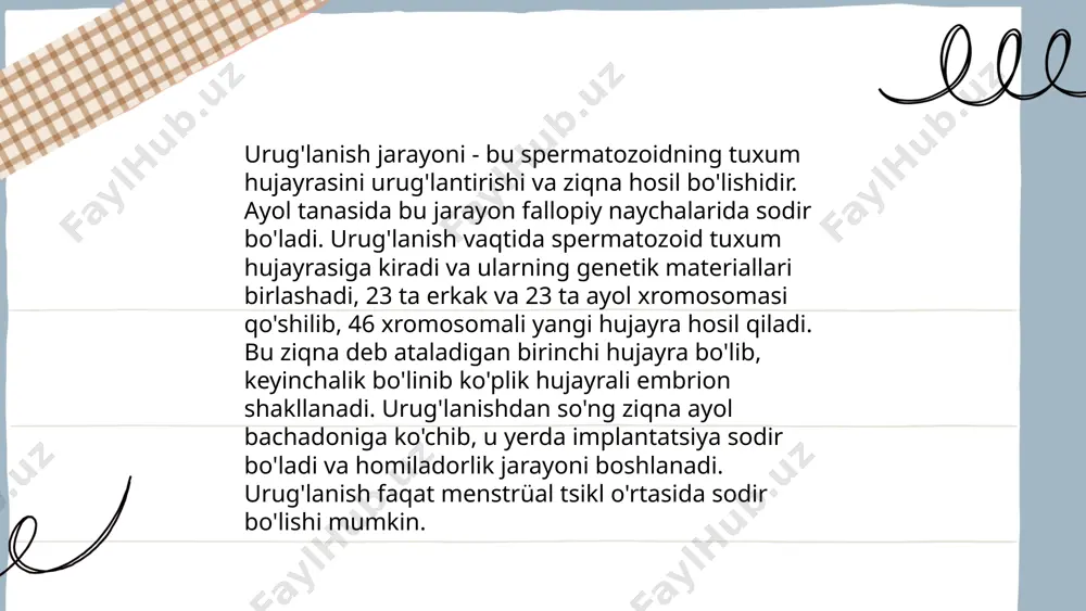 an, oshqozon-ichak tizimi va nafas olish yo'llari hosil bo'ladi. ushbu jarayonlarda hujayralarning spetsifikatsiyasi va differentsiatsiyasi muhimdir, bu esa turli sinal signal yo'llari va genlarning ifodalanishi orqali amalga oshadi. ektoderm va endodermning to'g'ri rivojlanishi normal organ va to'qimalarning shakllanishi uchun zarurdir. ... t.me/slaydai_bot 13. embriologik induksiya embriologik induksiya rivojlanish biologiyasida muhim jarayon bo‘lib, hujayralarning bir to‘plami yoki to‘qimalar boshqalariga qanday ta’sir qilishini ifodalaydi. bu jarayon dastlab 1901-yilda hans spemann tomonidan kashf etilgan. induksiya natijasida hosil bo‘ladigan strukturalar embriogenez davomida shakllanishi uchun zarurdir. masalan, nöral plastin hosil bo‘lishida induksiya muhim rol o‘ynaydi. turli organizmlarda embriologik induksiya mexanizmlari o‘xshash bo‘lib, signal molekulalari va genlarning o‘zaro ta'siri natijasida sodir bo‘ladi. ushbu jarayon aniq vaqt va joyda kuzatiladi va rivojlanishning to‘g‘ri shakllanishini ta'minlaydi. embrional rivojlanish hasanboyev mirjalol e'tiboringiz uchun raxmat! image1.png image2.png image3.png image4.png image5.png image6.jpg image7.jpg image8.jfif image9.jpg /docprops/thumbnail.jpeg
