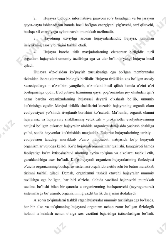g boshqaruv sistemasi orqali idora etiluvchi bir butun murakkab tizimni tashkil qiladi. demak, organizmni tashkil etuvchi hujayralar umumiy tuzilishga ega bо’lgan, har biri о’zicha alohida vazifani bajaruvchi murakkab tuzilma bо’lishi bilan bir qatorda u organizmning boshqaruvchi (neyrogumoral) sistemalarga bо’ysunib, organizmning yaxlit birlik darajasini ifodalaydi. a’zo va tо’qimalarni tashkil etgan hujayralar umumiy tuzilishga ega bо’lsada, har bir a’zo va tо’qimaning hujayrasi organizm uchun zarur bо’lgan fiziologik holatni ta’minlash uchun о’ziga xos vazifani bajarishga ixtisoslashgan bо’ladi. shuning uchun ham hujayralarning faoliyati turlichadir. hujayralarga ta’sirlanish, ozuqa moddasini yutish va о’zlashtirish, sekretsiya, ekskretsiya, nafas olish, о’sish hamda kо’payish kabi murakkab jarayonlar xosdir. bu fiziologik jarayonlar a’zo va tо’qimaga kо’ra, ularni tashkil etgan, hujayralarda turli darajada rо’y beradi. biz hujayralarning tuzilishini о’rganishda ayrim qismlarining faoliyatini kо’rib chiqish bilan birga uning umumiy, kо’pgina hujayralarga xos bо’lgan tomonlarini ham yoritib beramiz. tiriklikning hujayrasiz va hujayraviy shakllari. rang- barang organik olamda tiriklikning ikki xil: hujayrasiz va hujayraviy shakllari …