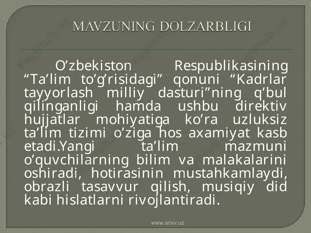 nishtirish tajriba sinov jarayonini tashkil etish 3.2.tinglash orqali o`quvchilarning musiqiy idrokini shakillantirish o`quvchilarning evropa mumtoz musiqalari o`zlashtirilishi 3.3.6-sinfda volfgang amadey motsartning ijodi asarlarining o`zlashtirilishining tajriba sinov natijalari www.arxiv.uz www.arxiv.uz dunyo tan olgan kompozitorlardan bo`lgan betxoven, motsart asarlari o`quvchilarni estetik shakllanishida katta axamiyatga ega. ularning asarlarida mumtoz musiqa ohanglarini xis etamiz va bu ohanglarni tinglab olamni tasavvur etishga, tabiat go`zalligini musiqa orqali sezishga va uni asrashga o`rgatamiz. www.arxiv.uz www.arxiv.uz musiqa tinglash 4-bosqichda amalga oshiriladi. 1. asarni tushunish uchun o`quvchilar diqqatini jamlash va asar haqida o`qituvchining kirish so`zi. 2. o`qituvchi ijrosida yoki audio yozuvida musiqiy asarni tinglash. 3. asarni suxbat yo`li bilan musiqiy badiiy jihatdan oddiy taxlil etish. 4. asarni to`liq qayta tinglash so`ng asar haqida o`quvchilarning umumiy taasurotlari yuzasidan yakuniy suhbat o`tkazish. www.arxiv.uz www.arxiv.uz www.arxiv.uz mavzu yevropa klassik kompozitorlarining asarlari orqali o`quvchilarning musiqiy idrokini shakllantirish maqsad va vazifalar. vamotsart yaratgan operalari orqali badiiy obrazlarni tasavvur qilish bilim malakalarni shakllantirish va mustahkamlash. …