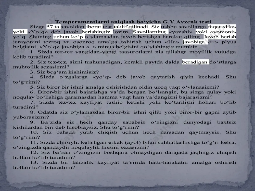 k ushbu te stga javob beruvchi kishi yurakdan javob bermagan hisoblanib, natijalarining t о‘g‘ri ekanligiga kafolat berilmaydi. shundan sо‘ng ushbu kalitga mos tushgan javoblar hisoblab chiqiladi va quyidagi jadvalda о‘z aksini topadi. topshiriqlar 1.g.y.ayzenk testidagi savollarga berilgan javoblar asosida jadvalni tо‘ldiring (“ha” +, “yо‘q” –) savol nomeri 1 2 3 4 5 6 7 8 9 10 11 12 13 14 15 javob belgisi (+, –) savol nomeri 16 17 18 19 20 21 22 23 24 25 26 27 28 29 30 javob belgisi (+, –) savol nomeri 31 32 33 34 35 36 37 38 39 40 41 42 43 44 45 javob belgisi (+, –) savol nomeri 46 47 48 49 50 51 52 53 54 55 56 57 javob belgisi (+, –) 2.quyida kо‘rsatilgan savol raqamlari asosida ishonchlilik darajasini aniqlang. javoblarning ishonchlilik darajasini aniqlovchi shkala: «ha» -6, 24, 36. «yо‘q»-12, 18, 30, 42, 48, 54. (javoblar …