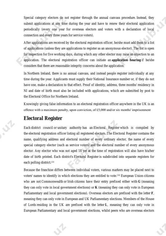 ceased to appear in the electoral register. overseas voters can only vote in uk parliamentary elections in the constituency of their last registered uk address (or for those who moved abroad as a minor, the last registered uk address of their parent(s)/guardian). british citizens who are away overseas temporarily do not need to register as overseas electors and can register to vote in the usual way at their uk address. crown servants[18] and british council employees[19] (as well as their spouses who live abroad[20]) employed in a post outside the uk can register by making a crown servant declaration, allowing them to vote in all uk elections. https://en.wikipedia.org/wiki/elections_in_scotland#scottish_parliament https://en.wikipedia.org/wiki/elections_in_wales#devolved_parliament_elections https://en.wikipedia.org/wiki/elections_in_the_united_kingdom#cite_note-11 https://en.wikipedia.org/wiki/commonwealth_citizen https://en.wikipedia.org/wiki/commonwealth_citizen https://en.wikipedia.org/wiki/leave_to_enter https://en.wikipedia.org/wiki/right_of_abode_(united_kingdom) https://en.wikipedia.org/wiki/elections_in_the_united_kingdom#cite_note-14 https://en.wikipedia.org/wiki/elections_in_the_united_kingdom#cite_note-15 https://en.wikipedia.org/wiki/corrupt_practices https://en.wikipedia.org/wiki/northern_ireland https://www.legislation.gov.uk/ukpga/2014/13/notes/division/3/16 https://www.legislation.gov.uk/ukpga/2014/13/notes/division/3/16 https://en.wikipedia.org/wiki/hm_forces https://en.wikipedia.org/wiki/british_citizens https://en.wikipedia.org/wiki/united_kingdom https://en.wikipedia.org/wiki/united_kingdom https://en.wikipedia.org/wiki/elections_in_the_united_kingdom#cite_note-17 https://en.wikipedia.org/wiki/crown_servant https://en.wikipedia.org/wiki/crown_servant https://en.wikipedia.org/wiki/british_council https://en.wikipedia.org/wiki/elections_in_the_united_kingdom#cite_note-19 https://en.wikipedia.org/wiki/elections_in_the_united_kingdom#cite_note-20 an