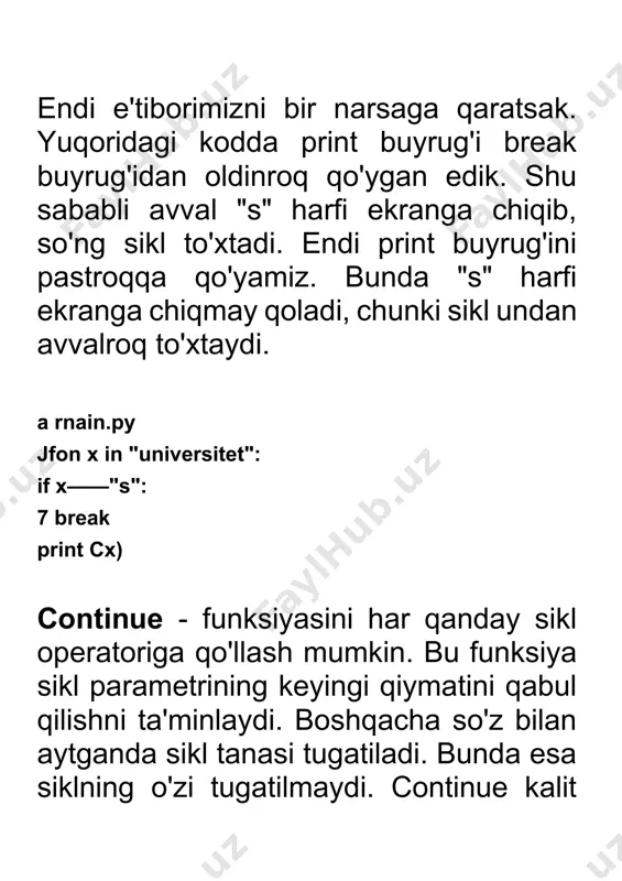 tun sonlari berilgan. (b soni a sonidan katta) a va b sonlari orasidagi barcha butun sonlarni (a va b ni ham) chiqaruvchi va chiqarilgan sonlar sonini chiqaruvchi programma tuzilsin. dasturi quyidagicha tuziladi: h main.py a=int(input("a butun sonini kij^itij2£: ")) b=int(input( i :i bjjtujn c b > a ) sojtíjtí kj.ritinjj : ) ) fon i in range(a, b+1): p rint(i) print(11 cjti^ajmajgajn s^jvlaj; scmi= 11, (b+l-a)) natija oynasi: a butun sonini kiniting: b butun (b>a) sonini kiriting: chiqarilgan sonlar soni= 5 2 - misol. bir kilogram konfetning narxi berilgan (haqiqiy son). 1, 3, 5, ... , 15 kg konfetning narxini hisoblovchi dastur tuzilsin. dasturi quyidagicha tuziladi: ß rnair.py a=float(input( "1 kg konfetning narxini kiriting: ")) 2 ¿for x in range(1, 16, 2): 5fx*a print(s) natija oynasi: 1 kg konfetning narxini kiriting: 2.0 6.0 10.0 1¿¡. 0 18.0 22.0 26.0 30.0 3 - misol. n butun soni berilgan (n>0). 1 dan …