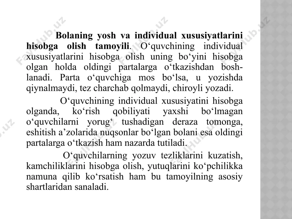 . o‘qituvchi har bir harflarning bog‘lanishi, og‘zaki yoki doskada tushuntirish orqali qo‘lni qayerga qo‘yish kerak, qayerda qo‘l harakati buriladi, harflarning baland-pastligi qay darajada bo‘lishi kerakligi orqali tushuntiriladi. nusxaga qarab ko‘chirish usuli. bu usul qadimiy usul bo‘lib hozirgi kunda ham qimmatini yo‘qotmagan holda qo‘llanilib kelinmoqda. bu usulda o‘quvchilar harflarni husnixat daftaridagi namunalarga qarab ko‘chirib yozadilar. tayyor holdagi nuqtalar bilan ifodalangan harflar ustidan qo‘lni yurgizib mashq qilish mexanik jarayon bo‘lib, o‘quvchilar bu topshiriqni oson bajaradilar. husnixat daftarida berilgan namunaga qarab yozdirish o‘qituvchining vaqtini tejaydi , ish unumini oshiradi. nusxa ko‘chirish usuli. bu metod harf shaklini to‘g‘ri tasavvur qila olmaydigan, yozayotganda daftar chiziqlaridan pastga yoki yuqoriga chiqib ketadigan o‘quvchilar uchun qo‘llaniladi. ayrim hollarda o‘qituvchi chiroyli yozuvga o‘rgatishning dastlabki davrida o‘quvchilarni harf, uning elementlari haqida to‘g‘ri tasavvurga ega qilish uchun yupqa xitoy qog‘ozidan ham foydalanishi mumkin. lekin bunday mashqlar qo‘l harakatini o‘stirish uchun yordam beradi. bundan uzoq foydalanish yaxshi samara bermaydi, o‘quvchi harf shaklini …
