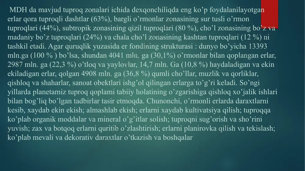 i bilan tuproqning ifloslanishi er yuzasida radioaktiv ifloslanish ifloslanish uning hamma qismida bir xil emas. bunga havo tsirkulyatsiyasi, o’simliklar qoplami va bir joyda yadro qurollining ko’plab portlatilishi sababchidir. er shari mintaqalari ichida ekvatorial mintaqada radioaktiv ifloslanish kamroq. chunki bu joylarda havo oqimining yuqori ko’tarilishi natijasida troposferadagi radioaktiv moddalar ekvatorial mintaqa territoriyasiga kamroq tushadi. o’rtacha kengliklarda havo yog’inlar bilan yuvilib, radioaktiv moddalar er yuzasiga ko’proq tushadi. shunday qilib, er sharida radioaktiv ifloslanish havodan o’rtacha kengliklarga ko’proq, ekvator, shimoliy va janubiy qutb doiralari ichiga kamroq tushadi. bunga asosiy sabab shimoliy yarimsharda yadro qurollarining sinalishidir. er sharida radioaktiv moddalarning ko’p qismi okean va dengiz suvlarida to’planib qolgan. bunga asosiy sabab havodan tushgan va daryo suvlaridan kelgan radioaktiv moddalarning yig’ilib qolishidir. natijada, xozir okeanlar suvida radioaktiv moddalarning miqdori tabiiy darajasidan 10 % oshib ketgan.radioaktiv moddalar ayniqsa okean suvlarining organik dunyosiga boy bo’lgan eng ustki, 200-300 m chuqurlikacha bo’lgan qavatida ko’p to’plangan. tuproqning radioaktiv ifloslanishida …
