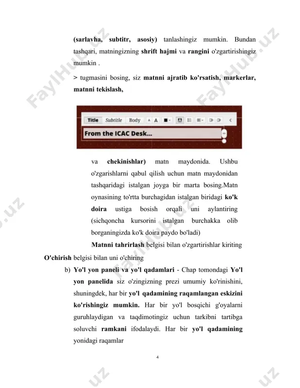sing. slaydlaringiz uchun tartibni tanlang. agar siz prezi-dan ketma-ket slaydlar orasiga yo'l qo'shishni xohlasangiz, slaydlaringiz orasiga yo'l qo'shing , katakchani belgilang . bu powerpoint taqdimotini prezi-ga tez va oson aylantirishning ajoyib usuli. barchasini qo‘shish funksiyasidan bo‘sh shablon bilan foydalanish yaxshidir. powerpoint slaydlari uchun tartibni tanlaganingizdan so'ng "qo'shish" tugmasini bosing va ular sizning tanlovingizga qo'shiladi.ramkalar va strelkalar - ramka qo'shish yoki qavs, doira, to'rtburchak yoki ko'rinmas ramka chizish uchun yuqori menyuda "framkalar va o'qlar" ni bosing . ramka uslubini tanlagandan so'ng, ramkani chizish uchun tuvalning istalgan joyini bosing va sudrab boring. qo'shilgan ramka taqdimot yo'lining oxiriga qo'shiladi; uni yo'l yon panelida topishingiz mumkin .urg'u qo'shish uchun o'qlarni, chiziqlarni va matnni ajratib ko'rsatishni chizing . esda tutingki, ramka, o'q yoki chiziq ustiga bosish uning formatlash imkoniyatlarini ochadi. c) yo'l qadamlarini tahrirlash - yo'l yon panelidagi prezi umumiy ko'rinishi ostidagi qalam belgisini bosing . prezi joriy yo'l qadamlarini ko'ring. har qanday ob'ektni bosing …