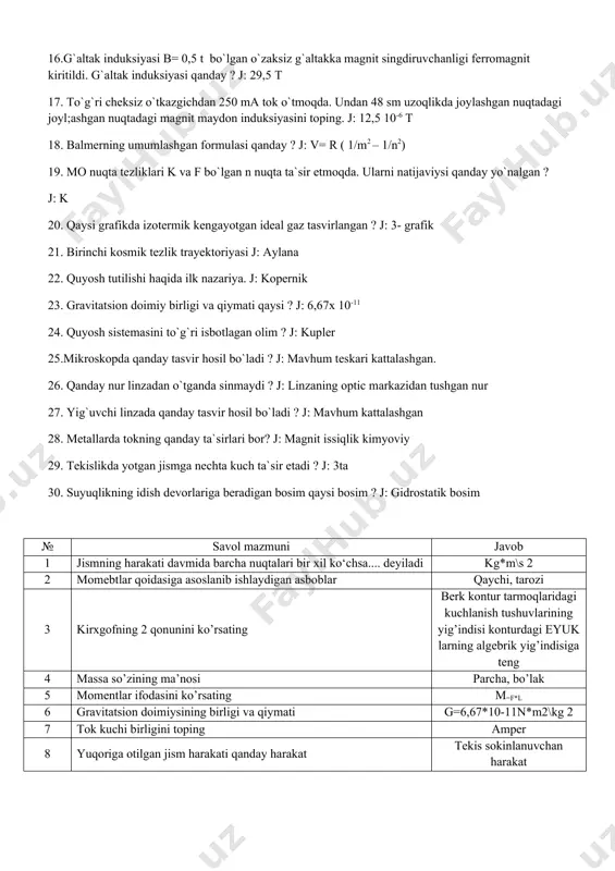 bajarilsa qiya tekislik ustidagi yog`och taxtacha sirpanmagandan tinch turadi ? j: m>tg2 15. momentlar qoidasiga asoslanib ishlaydigan qurilmalarni ko`rsating ? j: eshik tutqichi tarozi qayshi 16.g`altak induksiyasi b= 0,5 t bo`lgan o`zaksiz g`altakka magnit singdiruvchanligi ferromagnit kiritildi. g`altak induksiyasi qanday ? j: 29,5 t 17. to`g`ri cheksiz o`tkazgichdan 250 ma tok o`tmoqda. undan 48 sm uzoqlikda joylashgan nuqtadagi joyl;ashgan nuqtadagi magnit maydon induksiyasini toping. j: 12,5 10-6 t 18. balmerning umumlashgan formulasi qanday ? j: v= r ( 1/m2 – 1/n2) 19. mo nuqta tezliklari k va f bo`lgan n nuqta ta`sir etmoqda. ularni natijaviysi qanday yo`nalgan ? j: k 20. qaysi grafikda izotermik kengayotgan ideal gaz tasvirlangan ? j: 3- grafik 21. birinchi kosmik tezlik trayektoriyasi j: aylana 22. quyosh tutilishi haqida ilk nazariya. j: kopernik 23. gravitatsion doimiy birligi va qiymati qaysi ? j: 6,67x 10-11 24. quyosh sistemasini to`g`ri isbotlagan olim ? j: kupler 25.mikroskopda qanday tasvir …