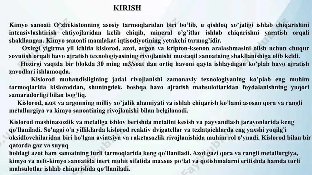 oralarda amalga oshirilib, suyuq havo asta-sekin isitilganda u bug’lanadi. bu usullarning mazmuniga ko’ra tahlili shuni ko’rsatadiki, paramagnitli va markazdan qochma kuch usullarini hozirgi vaqtda qo’llab bo’lmaydi, chunki bu usullarda nisbatan katta elektr energiyasi sarflanadi,adsorbsiya va diffuziya usullari bo’yicha ilmiy va amaliy ishlar uzil-kesil tugallangan emas va ulardaiqtisodiy va texnologik qulay sharoitlarni topish bo’yicha ishlar davom ettirilmoqda. havoni fraksiyaviy kondensatsiyalash va suyuq havoni fraksiyaviy bug’latish usullarini ham havoni ajratish uchun qo’llab bo’lmaydi, sababi-azot va kislorodlarni qaynash temperaturalari bir-biriga juda yaqin bo’lganligi uchun ikkala usulda ham toza azot yoki kislorod o’rniga qisman kislorod bilan aralashgan azot va qisman azotbilan aralashgan kislorod olinadi. shunday qilib, respublikamizdagi kimyo korxonalarida havoni ajratishuchun hozirgi vaqtda yagona usul-ya’ni suyuq havoni rektifikatsiyalash usuli qo’llanadi. ammo bu usulni amalga oshirish uchun havoni avvalambor suyuqlikka o’tkazish lozim, buning uchun esa chuqur sovuqlik ishlatish talab etiladi havoni ajratish ancha murakkab texnik vazifadir. bu jarayon avval havoni siqish, kengaytirish va sovutish orqali …