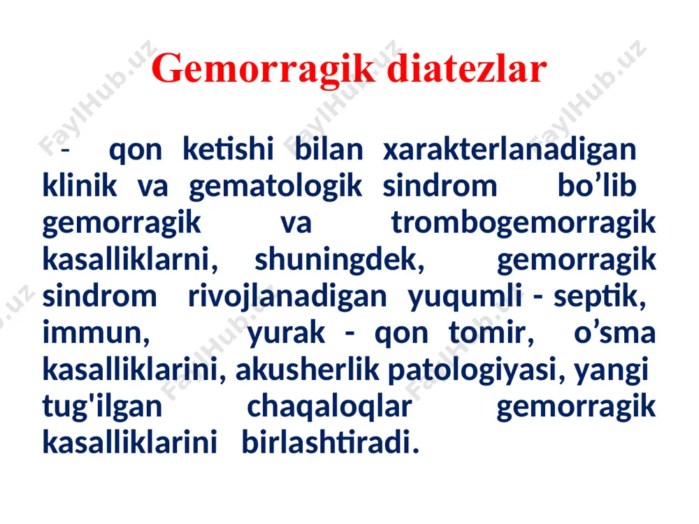 hiligida, willebrand kasalligida, titqis - sindromda, antikoagulyantlar va trombolitiklar katta dozada yuborilganda rivojlanadi . qon ketish tiplari 4. vaskulitli-purpurali - gemorragiyalar toshma yoki eritema ko’rinishida (aseptik yallig'lanish asosida), nefrit, ichakdan qon ketishi mumkin; yuqumli va immun vaskulyitlarida kuzatiladi, osongina titqis -sindromga aylanadi. 5. angiomatozli tip teleangiektaziyalarda, arte-riovenoz shuntlarda, angiomalarda kuzatiladi. qon tomirlarni ayrim joylarida kuzatiladi. vaskulit vaskulit ekximozlar tizimli vaskulit gemorragik diatezlarni tasnifi (z. s. barkagan, 1988) 1. trombotsitlar tizimidagi miqdoriy va sifatiy o'zgarishlar 1. 1. verlgof kasalligi (idiopatik, immun). 1. 2. simptomatik trombotsitopeniyalar (yuqumli-toksik, medikamentoz, radiatsion, gipersplenik, leykozlarda, suyak iligi karsinomatozidagi aplaziyada). 1. 3. trombasteniya glanzmanna. 1. 4. gemorragik trombotsitopeniya 1. 5. trombogemolitik va trombotsitopenik purpurada ( moshkovist kasalligi). 2. qon ivishining buzilishi (koagulyatsion gemostaz) – koagulopatiya 2. 1. gemofiliya a, b, c 2. 2. hipoproakselerinemiya gipoprokonvertinemiya (trombin hosil bo'lishining buzilishi) 2. 3. mexanik sariqlik, jigar shikastlanishi va dikumarinlarda gipoprotrombinemiya 2. 4. gipo -, afibrinogenemiya 2. 5. fibrinolitik purpura …