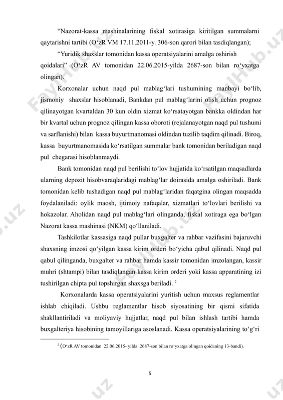 jarayonda hisobotlarning aniq yuritilishi va moliyaviy resurslardan samarali foydalanish bo‘yicha strategik rejalashtirish amalga oshiriladi. korxonada kassa operatsiyalarini tashkil qilish tartibi nafaqat hujjatlashtirish va hisob yuritish jarayonlariga, balki moliyaviy xavfsizlik choralari va nazorat tizimiga ham asoslanadi. shuning uchun kassa operatsiyalarini yuritish bo‘yicha ichki nazorat mexanizmlarini ishlab chiqish, xatoliklarning oldini olish va bu jarayonda qat’iy intizomni ta’minlash zarur.[footnoteref:4] [4: k.b.urazov, m.e.po’latov “buxgalteriya hisobi” darslik 2020] kassa operatsiyalarining to‘g‘ri tashkil etilishi nafaqat korxonaning moliyaviy intizomini mustahkamlashga, balki uning iqtisodiy barqarorligini oshirishga ham xizmat qiladi. shu sababli kassa operatsiyalarini yuritishda tartib-qoidalar, hujjatlashtirish tizimi va nazorat mexanizmlari to‘liq va aniq yo‘lga qo‘yilishi talab etiladi. bu jarayonning samarali ishlashi uchun kassa operatsiyalarining barcha bosqichlari to‘liq nazorat qilinishi va doimiy ravishda tahlil etilishi kerak. korxona moliyaviy tizimining barqaror ishlashi uchun kassa operatsiyalarini mukammal rejalashtirish, moliyaviy oqimlarni to‘g‘ri boshqarish va nazorat tizimini doimiy takomillashtirib borish lozim. bu jarayonda ichki audit tizimi, xavfsizlik choralari va hisob yuritish mexanizmlarining to‘g‘ri …