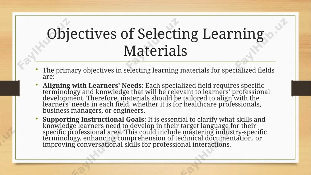 ing examples where needed, helping learners overcome any potential language barriers specific to their fields. examples of field-specific materials each specialized field requires a tailored approach to language materials. here are examples based on different fields: medicine: medical terminology dictionaries: dictionaries with terminology related to diseases, treatments, and pharmaceuticals are valuable for language acquisition in healthcare. medical research articles: reading scientific articles helps learners stay informed about field developments while improving comprehension and vocabulary. virtual simulations: interactive patient-doctor simulations allow students to practice language skills in realistic clinical scenarios. examples of field-specific materials business and economics:business english: materials focusing on financial, managerial, and marketing terminology, providing essential language for professional business communication.corporate reports: reviewing documents that outline company performance introduces learners to business language and analytical skills.business simulations: role-playing activities involving negotiations, presentations, or discussions help learners practice real-life business scenarios.law:legal terminology and concepts: materials covering legal terms, such as …