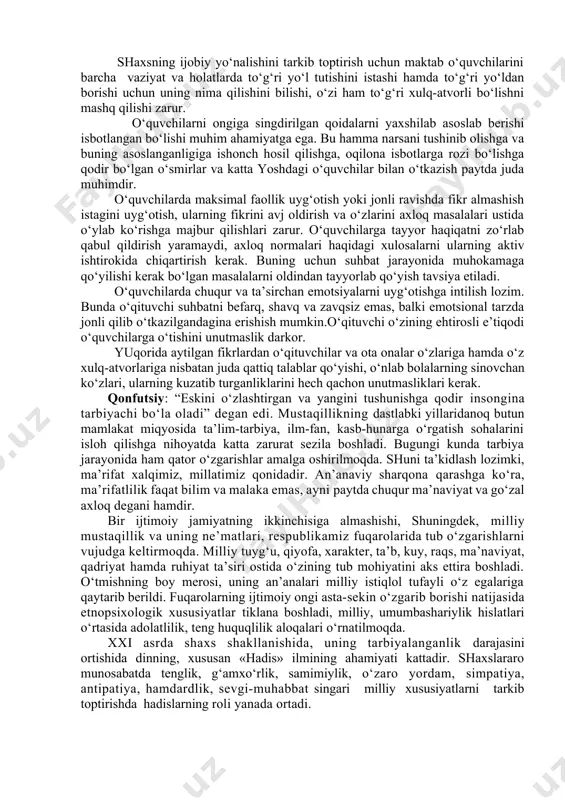 efarq ota-onalarga nisbatan g‘amxo‘r ota-onaga ko‘proq taqlid qiladilar. g‘amxo‘r ota-onalar bolaning salbiy xulq-atvorini qo‘llab-quvvatlamaganda, bola o‘z xatti-harakatlarining oqibatini ertaroq anglaydi. tarbiyaviy jarayonni amalga oshirishda g‘amxo‘rlik bilan bir qatorda yaxshi ko‘rishga asoslangan intizomga rioya qilish zarurdir. bu bola bilan doimiy muloqotni tushuntirishni, muhokama qilishni, agar bolaning xulq-atvori shuni talab qilsa, og‘zaki tanbeh berishni, yaxshi xulq-atvor uchun taqdirlashni nazarda tutadi. bola shaxsi rivojlanishining o‘ziga xos xususiyatlarini uning ilk davrlardagi rivojlanishini aniqlamasdan turib tushunish qiyin. axloqiy rivojlanish ilk bor shaxsning umumiy xususiyatlari va hislatlari shaklida shakllanishi haqidagi g‘oyalar ilk bor x.hartshorn va m.meylar tomonidan ilgari surilgan bo‘lib, ularning fikricha, axloqiy xulq-atvorni keltirib chiqaruvchi va faoliyatga undovchi fenomenlar aniqlanmaguncha axloqiy rivojlanishni o‘rganib bo‘lmaydi. x.hartshorn va m.meylar olib borgan tadqiqotlarinng asosiy maqsadi axloq normalariga rioya qilishda bola shaxsining umumlashgan hislatlarini shakllantirish muhim rol o‘ynaydimi yoki xususiy axloqiy odatlar ahamiyatliroqmi, degan savolga javob topish bo‘lib, tadqiqotlardan shu narsa aniqlanadiki, axloqiy normalarni bola ongiga singdirilishida xususiy odatlarni …