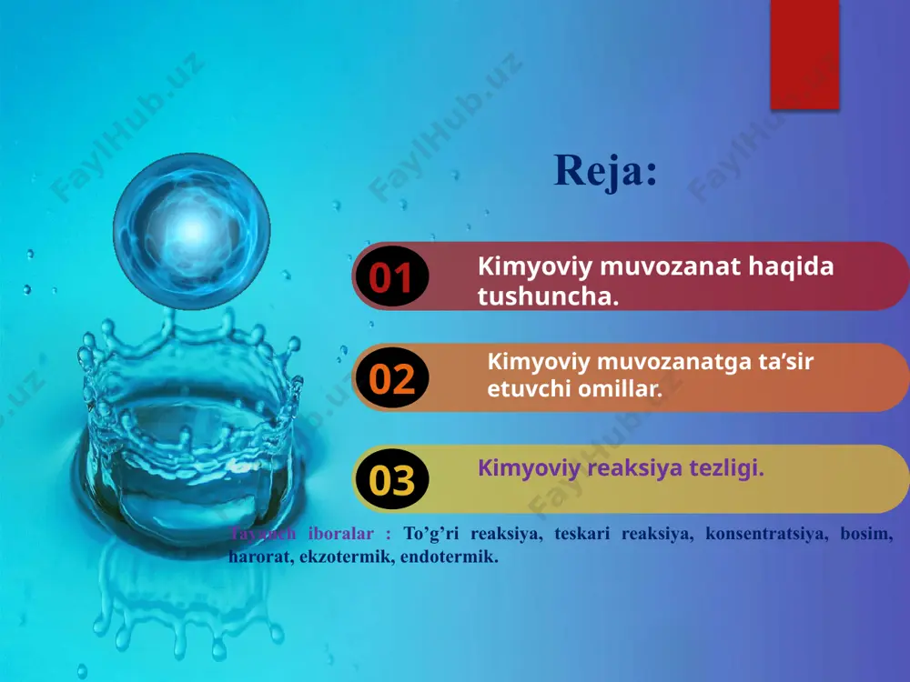 ermik reaksiya issiqlik yutilishi bilan boradigan jarayon. ekzotermik reaksiya issiqlik chiqishi bilan boradigan jarayon. ekzotermik reaksiyada haroratning oshirilishi muvozanatni chap tomonga siljitadi. n2+3h2=2nh3+q endotermik reaksiyalarda haroratning oshishi kimyoviy muvozanatni o’ng tomonga siljitadi 6co2+6h2o=c6h12o6+6o2-q katalizatorning ta’siri kimyoviy muvozanatga ta’sir etmaydi, ammo muvozanatni qaror topishini tezlashtiradi. le shatelye prinsipi kimyoviy muvozanatdagi sistemaga biror tashqi omil (p,t,c) ta’sir etsa kimyoviy muvozanat shu omil kamayish tomonga siljiydi. “baliq skeleti” sxemasi kimyoviy muvozanatga ta’sirining izohi n2+3h2= 2nh3+q h2 kon. kam n2 kon. ort nh3 kon.ort n2 kon.kam bosim ortsa bosim kamaysa chapga harorat oshsa harorat kamaysa o’ngga o’ngga o’ngga chapga chapga chapga chapga 14 “blis” so’rov kimyoviy muvozanat qachon sodir bo’ladi? kimyoviy muvozanatga ta’sir etuvchi omillar? kimyoviy muvozanatga katalizatorning ta’siri? le shatelye prinsipi nima? “venn diagrammasi”da ekzotermik va endotermik reaksiyalarda c,p,t larning ta’sirini taqqoslash ekzotermik reaksiya n2+3h2=2nh3+q endotermik reaksiya 6co2+6h2o= c6h12o6+o2-q kimyoviy reaksiyalar turlicha tezliklarda sodir bo‘ladi. ayrim reaksiyalar juda tez: sekundning ulushlarida, ayrim reaksiyalar …