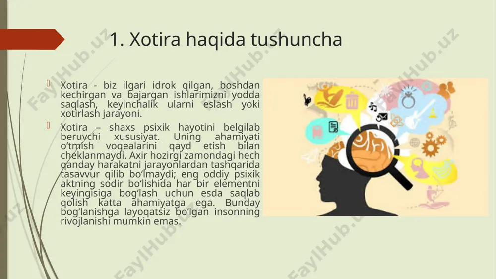 va ularning xususiyatlari har biri xotira turi uning o'ziga xos faoliyati bor, garchi ularning barchasi to'liq yodlash jarayonini amalga oshirish uchun hamkorlik qiladi. bu murakkab va kodlash, konsolidatsiya, saqlash va qidirishga bo'linadi. xotiraning maqsadi vaqt o'tishi bilan ma'lumotlarni saqlashdir. xotira turlarini o'rgangan mualliflar odatda ularni bir necha mezonlarga ko'ra ajratib turadilar. masalan, ma'lumot bizning yodimizda qancha vaqt saqlanadi. u erdan eng yaxshi ma'lum bo'lgan ikkita katta xotira guruhlari paydo bo'ladi, ular qisqa muddatli va uzoq muddatli xotiralardir. bosh miya, xotira xotira xususiyatlari xotira xususiyatlarining orasida uning quyidagi tabiiy xossalari ajratiladi: - yodda saqlash tezligi – axborotni xotirada saqlab qolish uchun zarur bo‘lgan takrorlashlar soni; - unutish tezligi – esda qolganlarning xotirada saqlanish muddati; - yodda saqlash hajmi – insonning ma’lum vaqt ichida esda olib qolishga qodir bo‘lgan jismlar yoki dalillar soni; - o‘zlashtirilganlarni yodda saqlash davomiyligi – insonning zarur axborotni ma’lum vaqt oralig‘ida yodda olib qolish qobiliyati; - qayta tiklash …