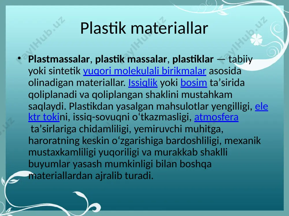 na rivojlandi, 20-asr 50-yillarida koʻpchilik mamlakatlarda polietilen p. koʻplab ishlab chiqarila boshladi. qurilishda p. pollarga qoplashda va boshqa pardoz ishlarida, binolarni germetiklash, gidro va termoizolyasiyalash, quvurlar, sanitariya-texnika uskunalari ishlab chiqarishda, yopmalar, deraza, eshik, sayyohlar uychasi, yozlik pavilonlar tayyorlashda qoʻllaniladi. mashinasozlik materiallari ichida p. yetakchi oʻrinni egallaydi. p. mahsulotlar tannarxini arzonlashtiradi, mashinalarning muhim texnik iqtisodiy parametrlari, massasi kamayadi, puxtaligi, ishonchliligi va h.k. oshadi. p.dan tishli gʻildiraklar, podshipniklar, roliklar, stanok yoʻnaltirgichlari, quvurlar, boltlar, gaykalar va boshqa ishlab chiqariladi. p.ning aviatsiyasozlikda keng qoʻllanilishiga sabab ularning yengilligi va texnik xossalarini oʻzgartirish imkoniyatiga egaligidir. . raketa va kosmik kemalar ishlab chiqarishda ham p. muhim ahamiyat kasb etdi. reaktoplastlardan foydalanib reaktiv dvigatellar, samolyotlarning kuch agregatlari, raketa korpuslari, gʻildiraklar, shassi ustunlari, vertolyotlarning parraklari, issiqlik saqlash elementlari, osma yonilgʻi baklari tayyorlanadi. termoplastlar oyna elementlari, antenna suyurmalari va h.k. ishlab chiqarishda qoʻllaniladi. p. kemasozlikda kemalarning korpusi va korpusli konstruksiyalar (asosan, shishaplastlar), kema mexanizmlarining detallarini tayyorlashda, kema xonalarini pardozlash, ularni …