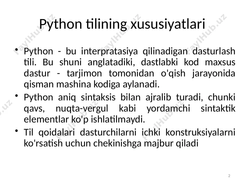 iq yoki yakuniy natijasi saqlanishi mumkin bo'lgan eng oddiy nomlangan ma'lumotlar strukturasi. pythonda o'zgaruvchini yaratish juda oson - siz tayinlash operatori "=" yordamida ba'zi identifikatorga qiymat berishingiz kerak. 7 o`zgaruvchi misol a = 10 b = 3.1415926 c = “hello” d = [1, 2, 3] ushbu misolda 4 ta o`zgaruvchi ishlatilgan : a o`zgaruvchisi int tipidagi qiymatni saqlaydi(butun son), b o`zgaruvchi float tipidagi qiyamtni saqlaydi(kasrli son), c o`zgaruvchisi str tipidagi qiymatni saqlaydi(satr), d o`zgaruvchisi esa list tipidagi qiymatlarni saqlaydi(ro`yxat, ushbu misolda 3 ta sonni). 8 o`zgaruvchi o'zgaruvchilarning maxsus e`lon qilish talab qilinmaydi, o'zgaruvchiga qiymatning birinchi tayinlanishi uning deklaratsiyasidir. pythondagi identifikator xotirada saqlangan ma'lumotlarga “havola" dir. python tili dinamik tiplashgan tildir: har bir o'zgaruvchi ma`lum vaqtda ma'lum bir tipda bo`ladi, lekin bu tip dasturni bajarish jarayonida o'zgarishi mumkin, unga boshqa tipdagi yangi qiymat berish kifoya. 9 python da operatorlar python tilida quyidagi operatorlar tipi mavjud: arifmetik operatorlar taqqoslash operatorlari o`zlashtirish operatorlari …
