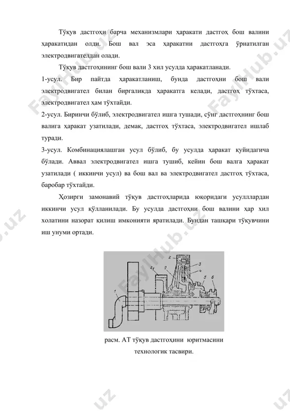 ткичда аниқланади: 1. м|соатда: а1* 2. м2|соатда: а2*а1*вт 3. арқоқ.соатда: а3*n*60*к 4. метр.арқоқ|соатда: а4*а3*вт дастгоҳ омиллари тўқима тўқиш учун уни аввало дастгоҳга ўрнатилади ва тўқима учун омиллар танланади: омилларга: -к.з.л. дастгоҳни заправка чизиғи. -к.з.л. таркиби 1. навой-скало 2. скало-танда кузаткич 3. танда кузаткич-шода 4. шода-тўқима чети 5. тўқима чети-грудница. дастгоҳ грудницаси баландлигига қараб кўрсаткичлар ўрнатилади. 1. ҳомуза баландлиги. бу кўрсаткични ўрнатишда моки ўлчами эътиборга олинади. 2. танда ипини ўртача холати тўқима турига боғлиқ. 3. танда ипи таранглиги тўқима хусусиятига қараб танланади. 4. тиғ ва батан склизи орасидаги бурчак 90°га тенг. 1. тиғ. 2. склиз. 3. 90° 5. прихлопнинг қиймати бу моки бирор сабаб билан моки қутисига етиб келмаса, тўқима чети ва тиғ орасидаги масофага айтилади. бу қиймат в*1,5*c (мм). бу ерда с-моки эни. 6. уриш чизиғи-бу қиймат тиғни арқоқ ипини тўқима четига уриб дастгоҳ кўкраги томонга силжитган қийматга айтилади. танда ипини тўқув дастгоҳига икки хил усулда тахтланади: 1-усул. танда ипларини …