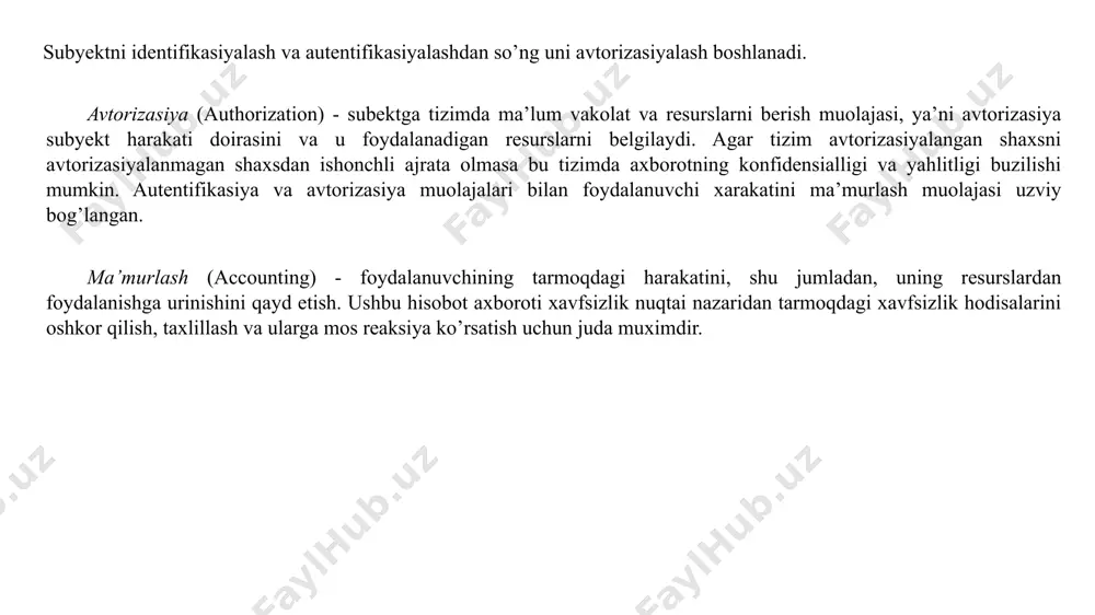 da odatda doimiy parolga yoki tayanch iboroga asoslanuvchi muntazam uzgarib turuvchi qiymat ishlatiladi. "so’rov-javob" tizimi - taraflarning biri noyob va oldindan bilib bo’lmaydigan "so’rov" qiymatini ikkinchi tarafga jo’natish orqali autentifikasiyani boshlab beradi, ikkinchi taraf esa so’rov va sir yordamida xisoblangan javobni junatadi. ikkala tarafga bitta sir ma’lum bulgani sababli, birinchi taraf ikkinchi taraf javobini tugriligini tekshirishi mumkin. sertifikatlar va raqamli imzolar - agar autentifikasiya uchun sertifikatlar ishlatilsa, bu sertifikatlarda raqamli imzoning ishlatilishi talab etiladi. sertifikatlar foydalanuvchi tashkilotining mas’ul shaxsi, sertifikatlar serveri yoki tashqi ishonchli tashkilot tomonidan beriladi. internet doirasida ochiq kalit sertifikatlarini tarqatish uchun ochiq kalitlarni boshqaruvchi qator tijorat infratuzilmalari pki (public key infrastrusture) paydo buldi. foydalanuvchilar turli daraja sertifikatlarini olishlari mumkin. autentifikasiya jaryonlarini ta’minlanuvchi xavfsizlik darajasi buyicha xam turkumlash mumkin. ushbu yondashishga binoan autentifikasiya jarayonlari kuyidagi turlarga bulinadi: parollar va raqamli sertifikatlardan foydalanuvchi autentifi­kasiya; kriptografik usullar va vositalar asosidagi qatiy autentifi­kasiya; nullik bilim bilan isbotlash xususiyatiga ega bulgan autentifi­kasiya …