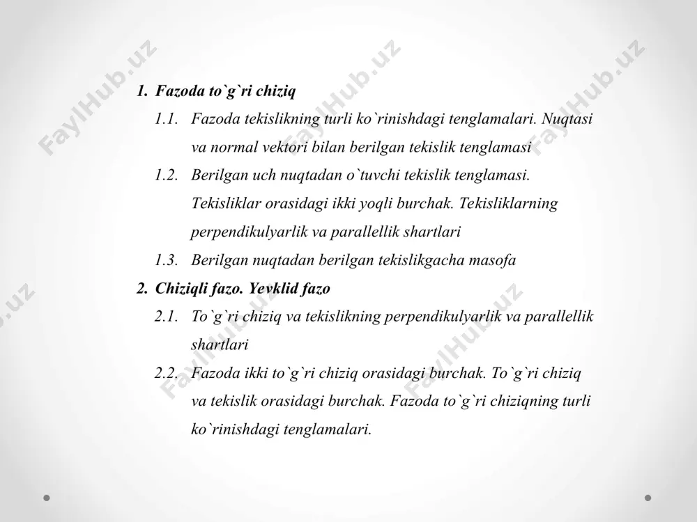 ytirish yetarli. p= -μ d ning nomanfiyligini ta `minlash maqsadida “+” yoki “ –” ishoralaridan ozod had d ishorasining qarama -qarshisi tanlanadi. natijada μ a x + μ b y + μ c z = p ( p ≥ 0 ) bu yerda, (μa) 2 + (μb) 2 + (μc) 2 = 1 munosabat o`rinli bo`lib, ν = (μa, μb, μc) vektorning birlik vektor va uning koordinata o `qlaridagi sonli proektsiyalari, mos ravishda quyidagilarga μ a = cos α, μ b = cos β, μ c = cos γ tengligini payqash qiyin emas. agar tekislik umumiy ko `rinishdagi tenglamasi bilan berilgan bo `l- sa, tenglama shaklidan tekislikning o `zi haqida quyidagilarni aniqlash mumkin: 1) agar d = 0 bo`lsa, a x + b y + c z = 0 tekislik koordinata boshidan o`tadi; 2) n = (a, b, c) vektor t tekislikka perpendikulyar, ya`ni tekislikning normal vektoridir, chunki u ν …